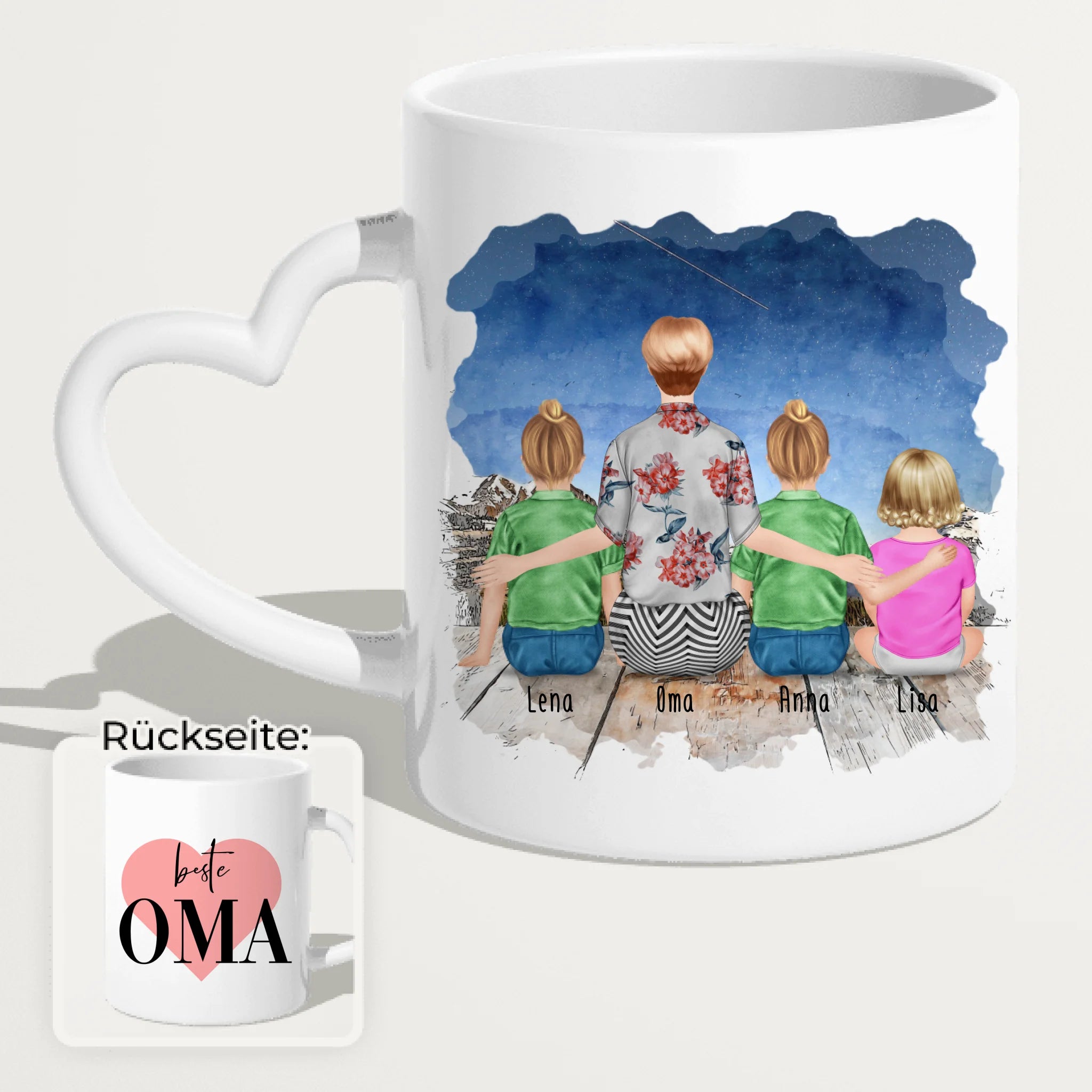 Personalisierte Tasse für Oma (2 Kinder + 1 Baby + 1 Oma)