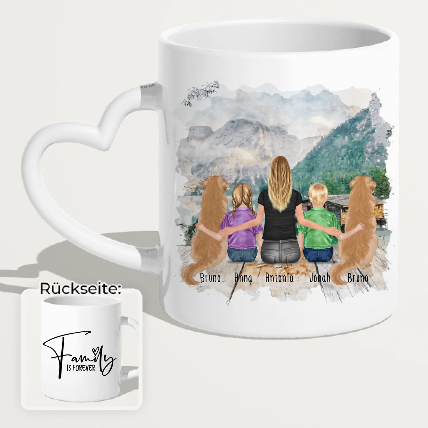 Personalisierte Tasse mit 1 Frau + 2 Kindern + 2 Hunden