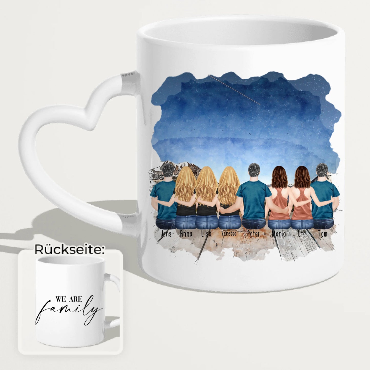 Personalisierte Tasse mit Familie (5 Frauen + 3 Männer)