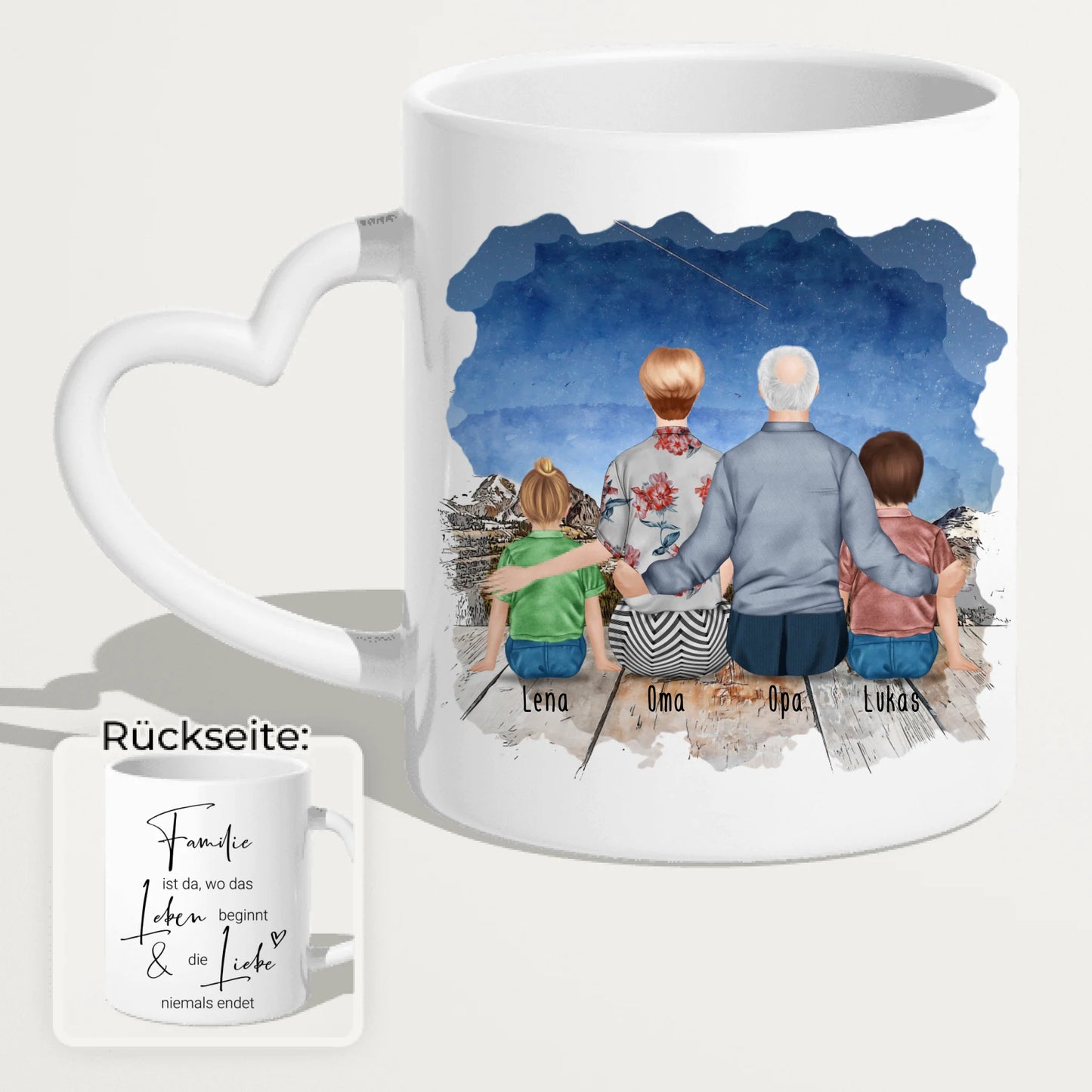 Personalisierte Tasse für Oma und Opa (1 Kleinkind + 1 Kind + 1 Oma + 1 Opa)