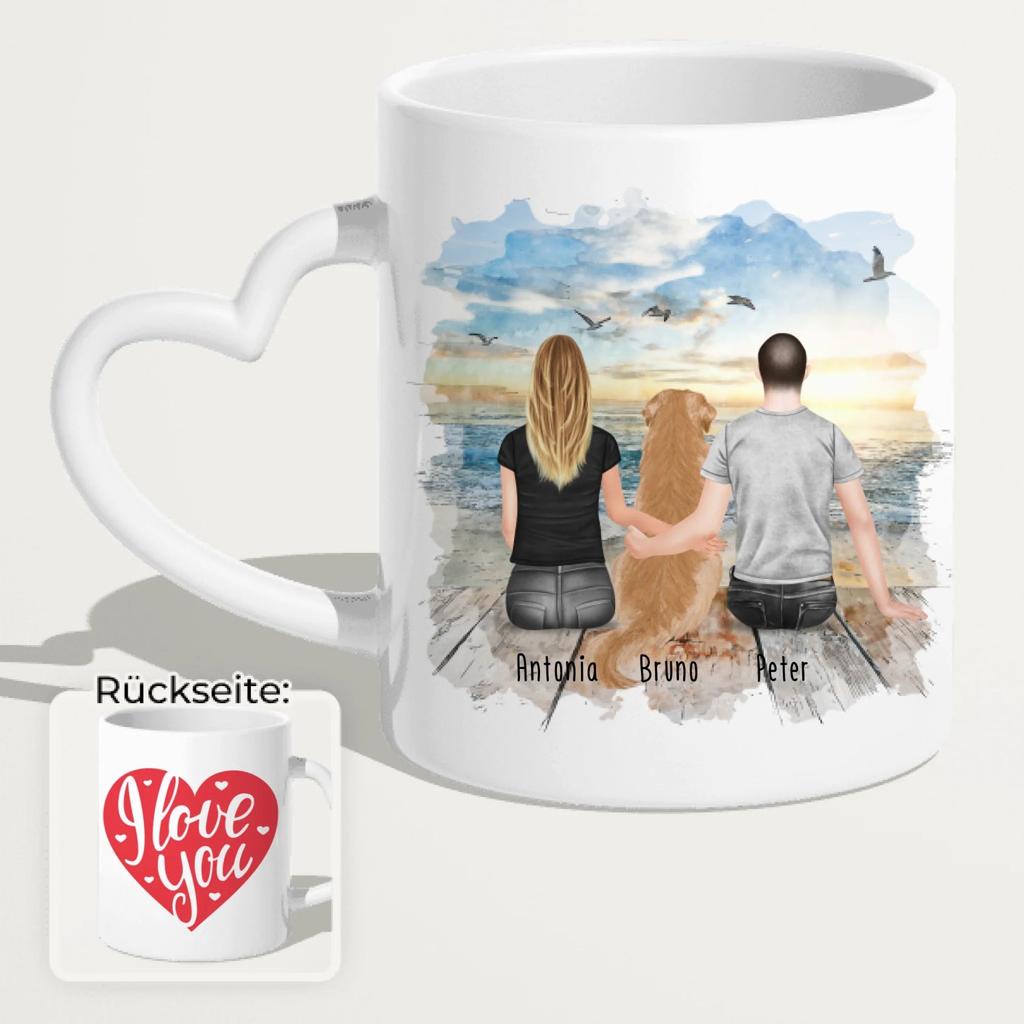 Personalisierte Tasse mit Pärchen und 1 Hund (Hund in der Mitte)