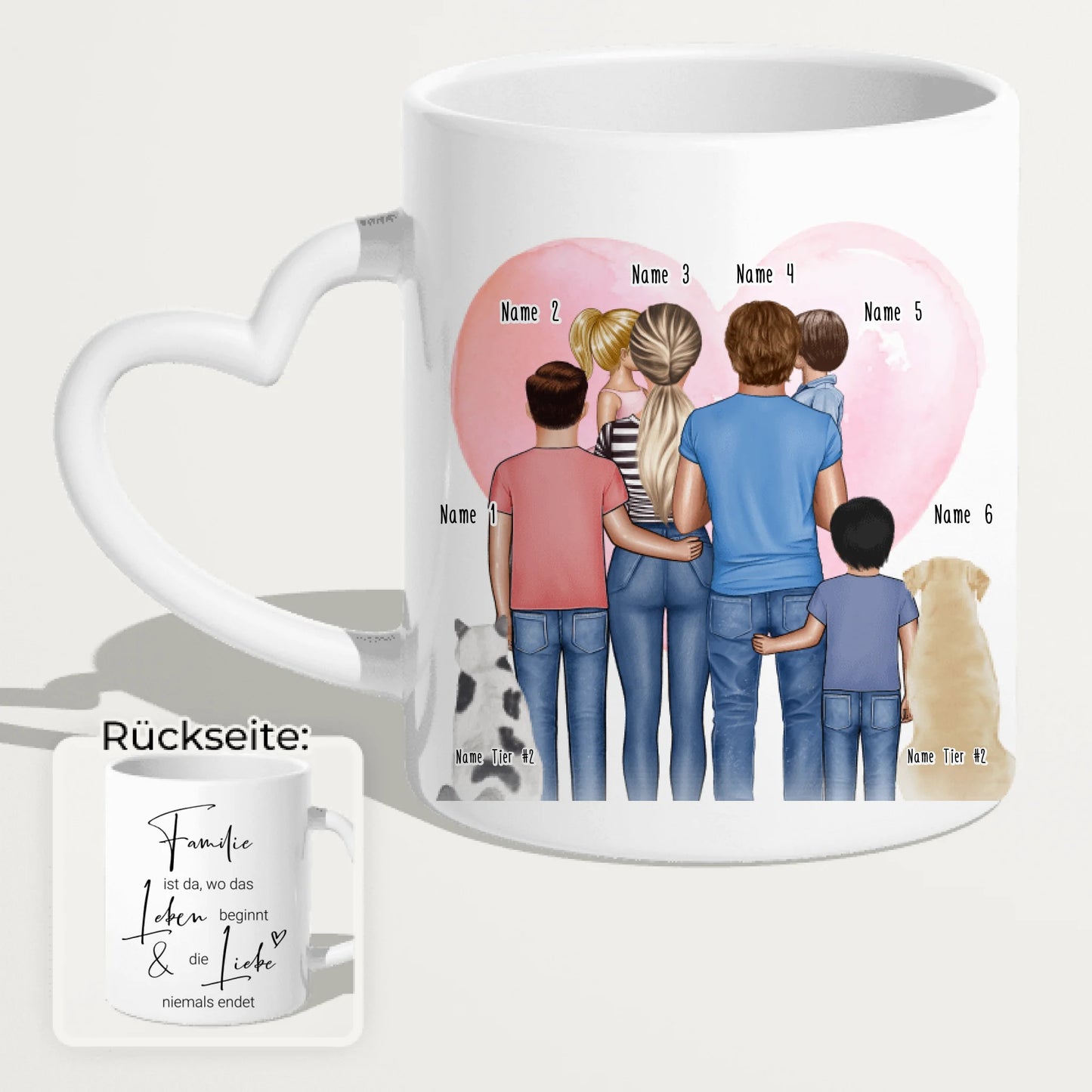 Personalisierte Tasse - Familie + 1-4 Kinder + 1-2 Hunde/Katzen