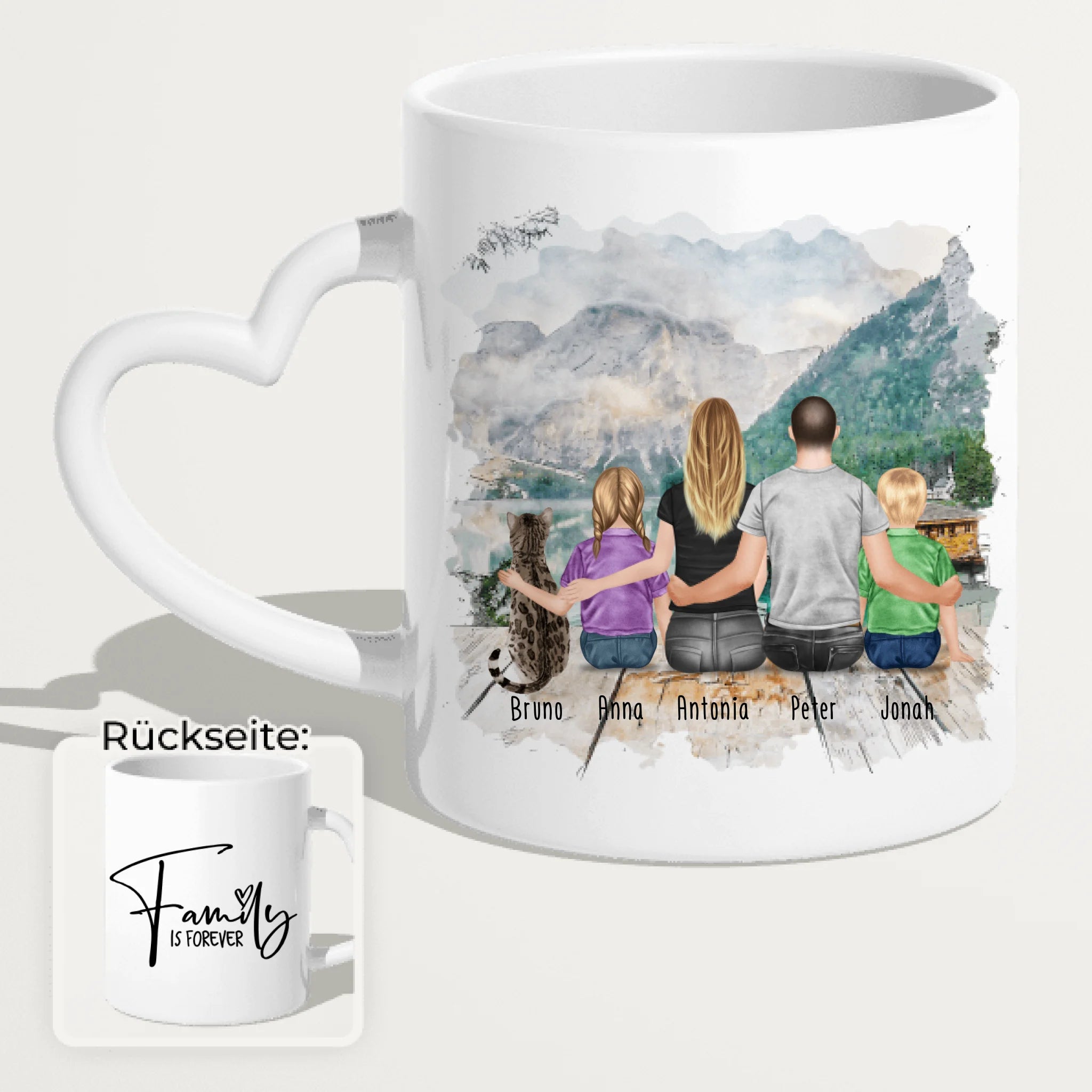 Personalisierte Tasse mit Familie + 1 Katze (2 Kinder)