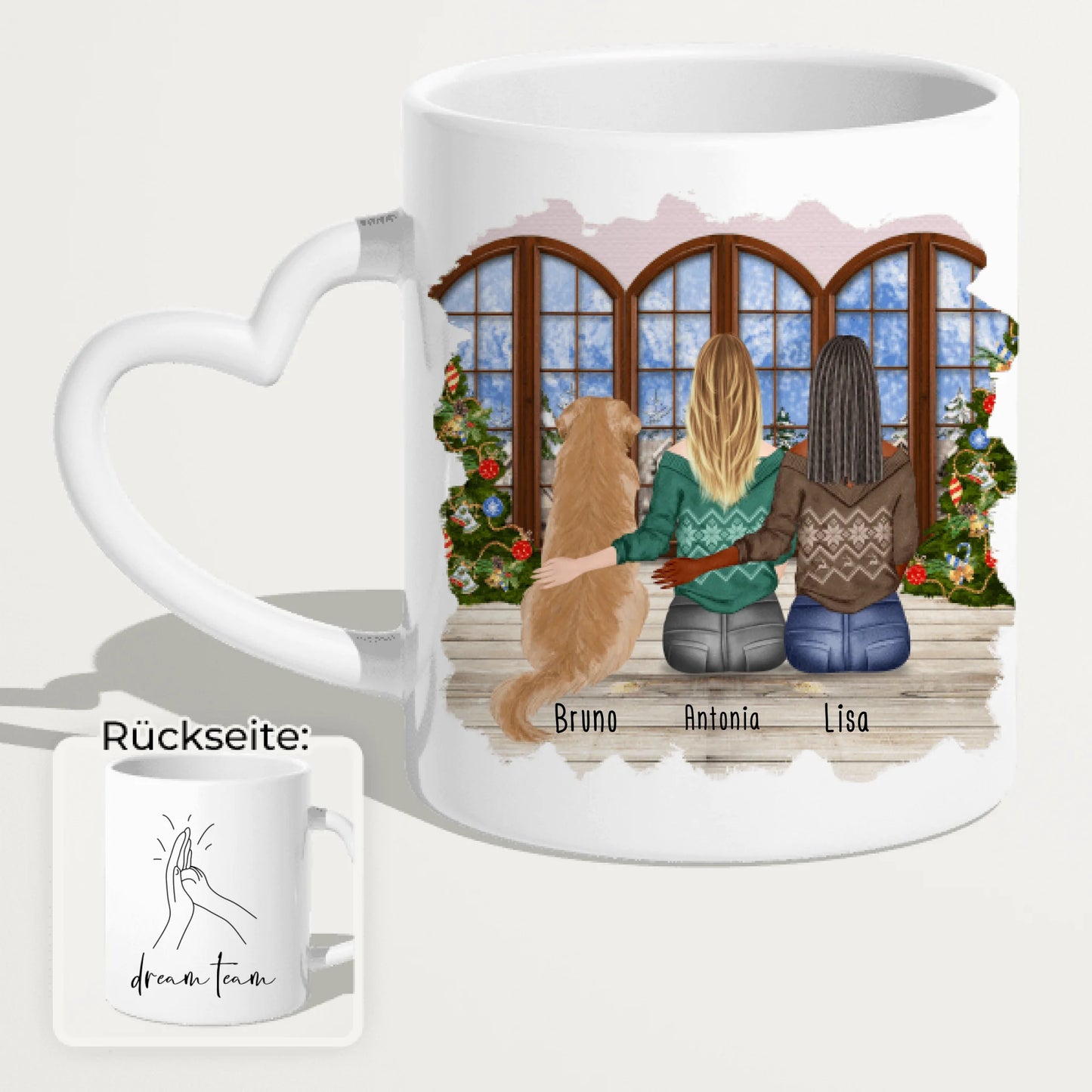 Personalisierte Tasse mit Hund und Frauen (1 Hund + 2 Frauen) - Weihnachtstasse