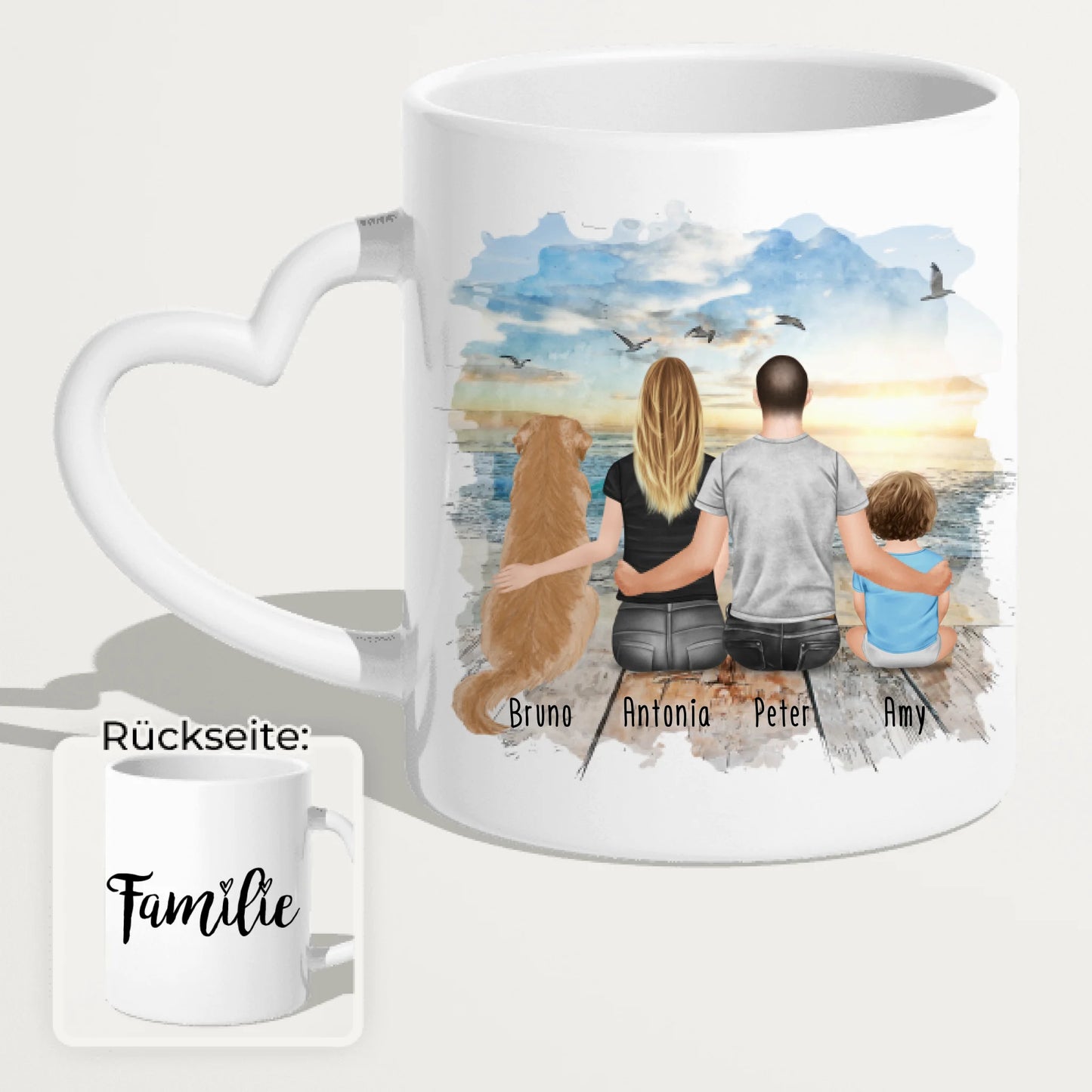 Personalisierte Tasse mit Familie + 1 Hund (1 Baby)