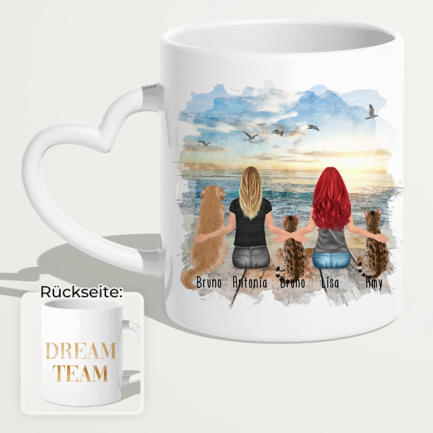 Personalisierte Tasse 2 Frauen + 1 Hund + 2 Katzen