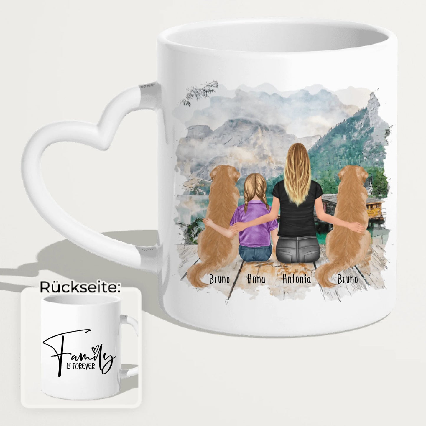 Personalisierte Tasse 1 Frau + 1 Kind + 2 Hunde