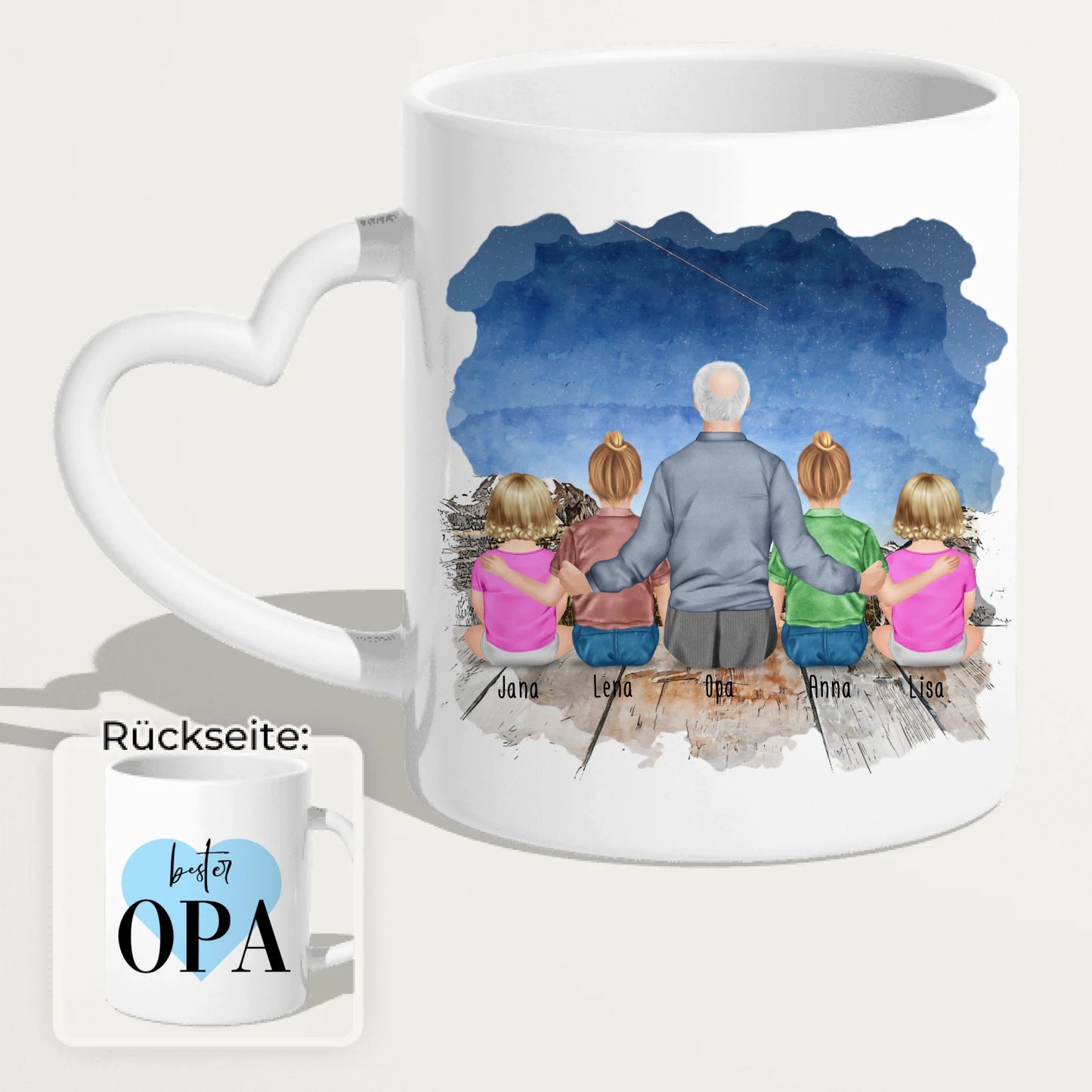 Personalisierte Tasse für Opa (2 Kinder + 2 Babys + 1 Opa)