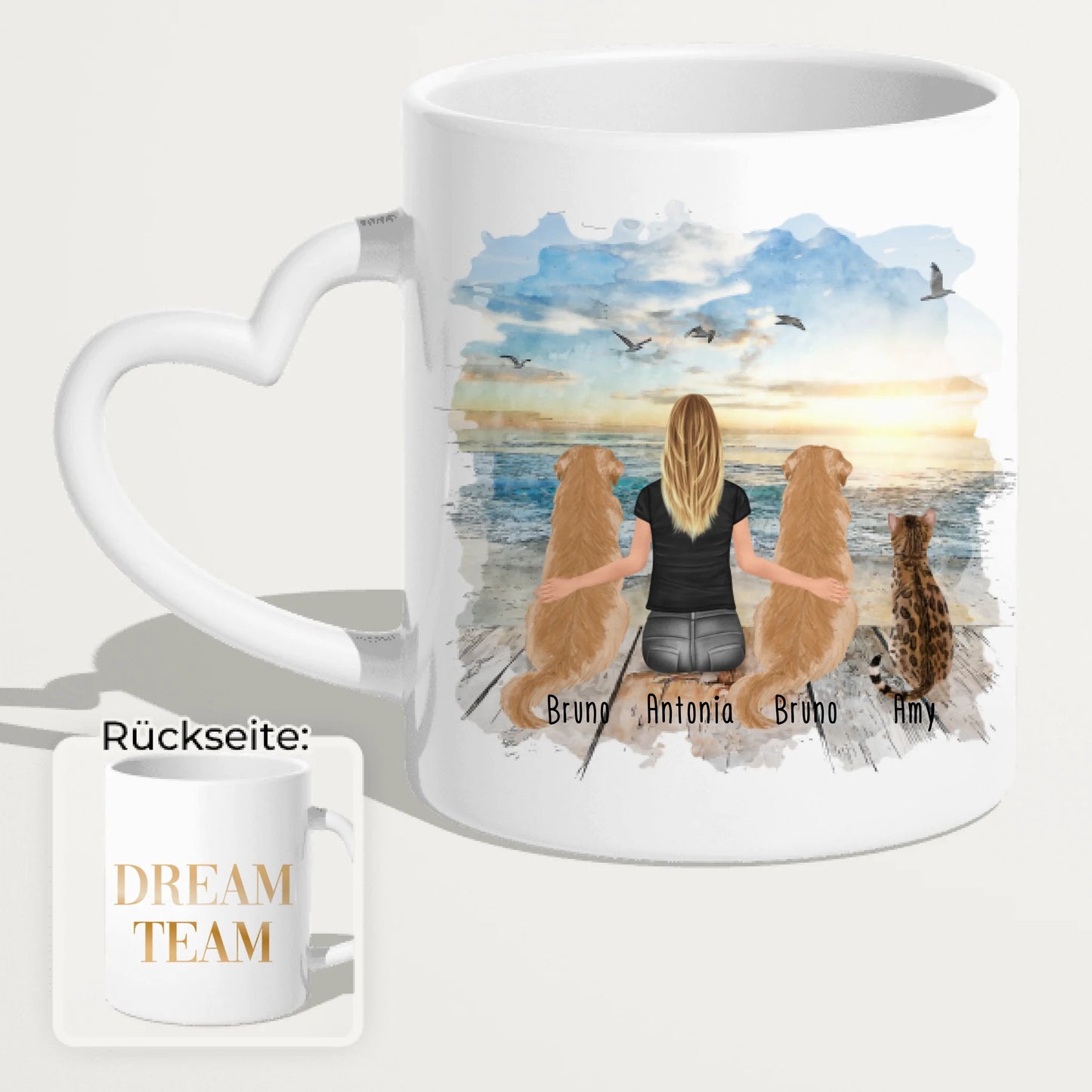 Personalisierte Tasse 1 Frau + 2 Hunde + 1 Katze