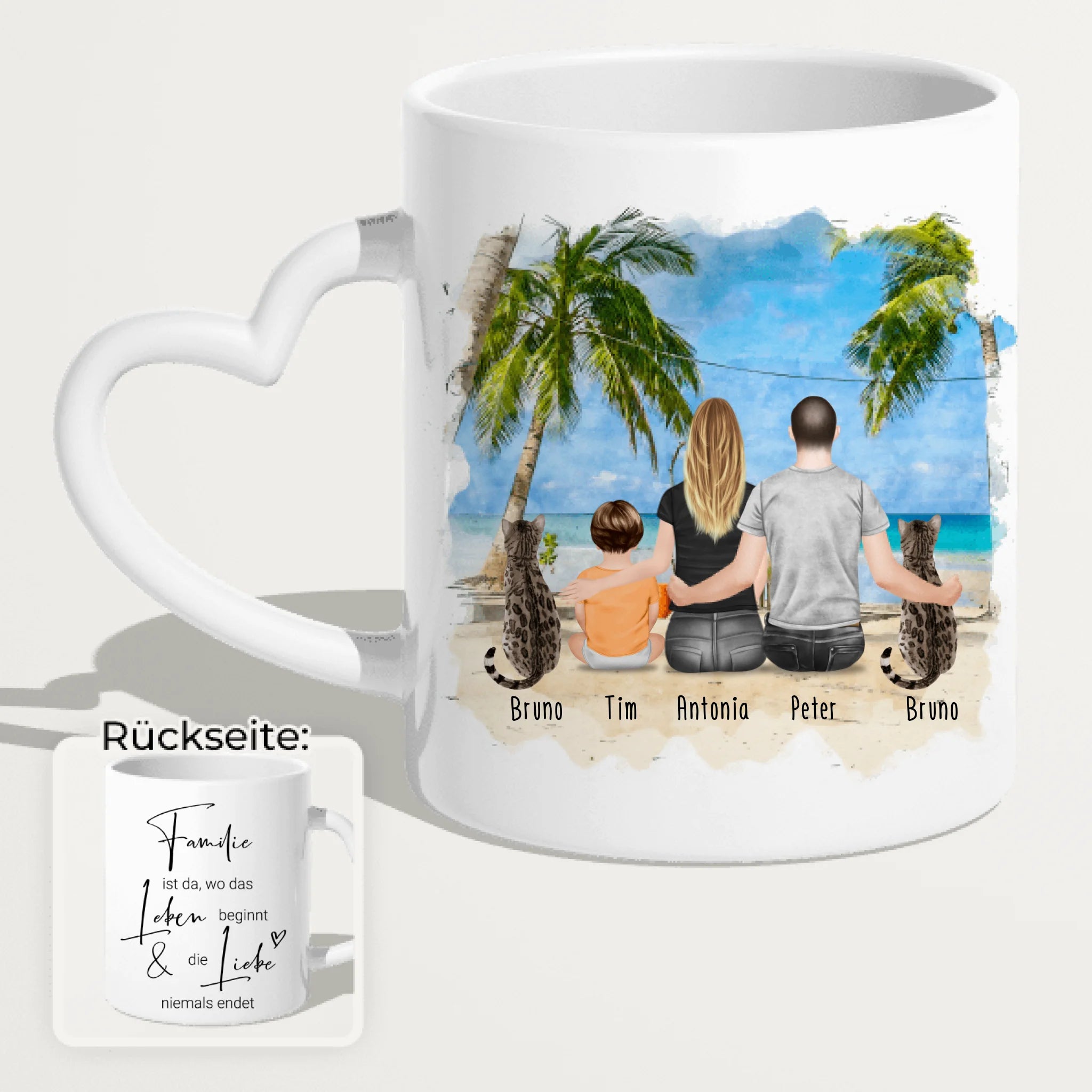 Personalisierte Tasse mit Familie + 2 Katzen (1 Baby)