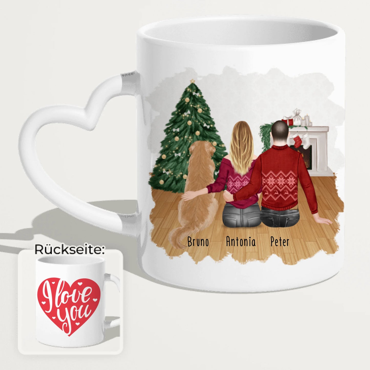 Personalisierte Tasse mit Pärchen und 1 Hund - Weihnachtstasse