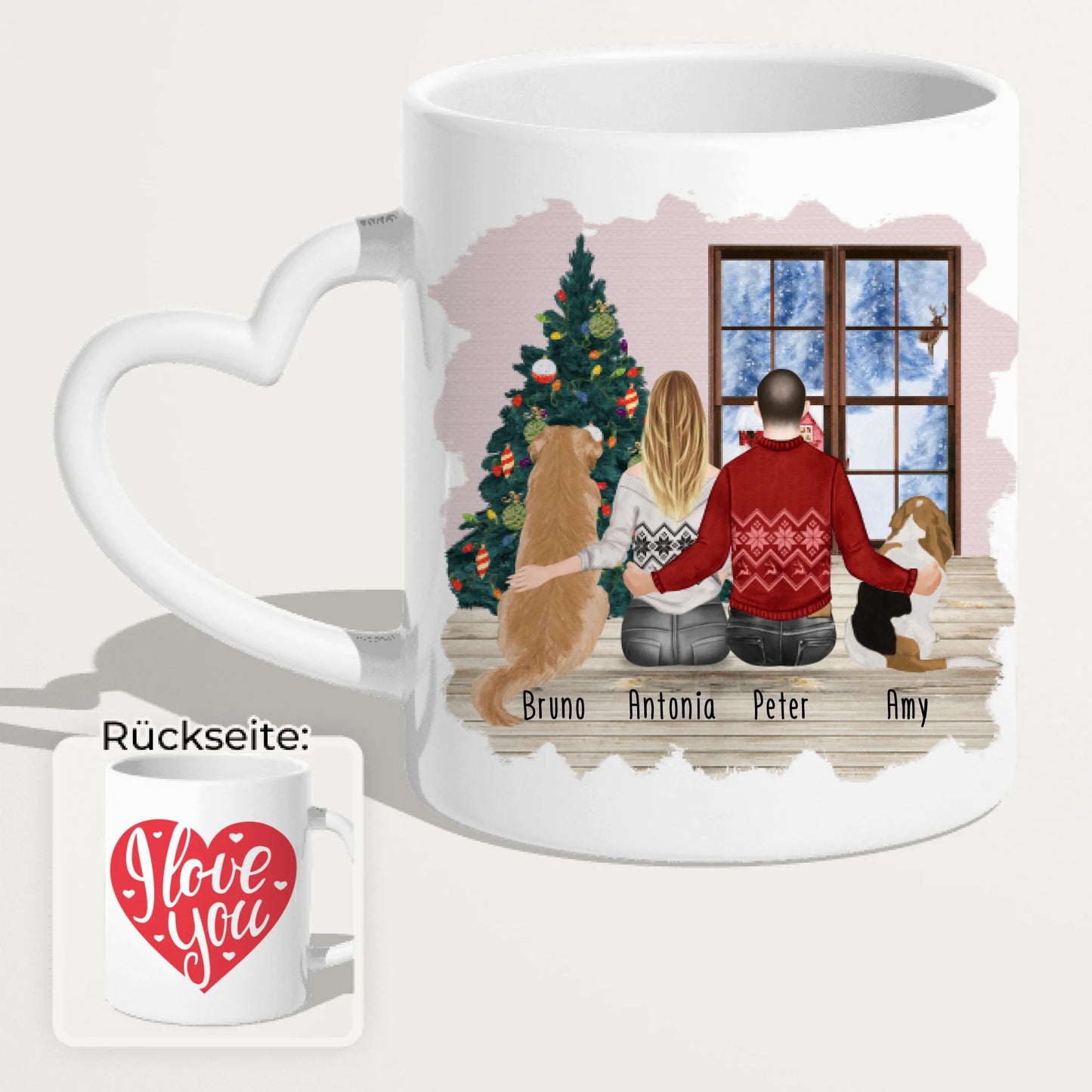 Personalisierte Tasse mit Pärchen und 2 Hunden - Weihnachtstasse