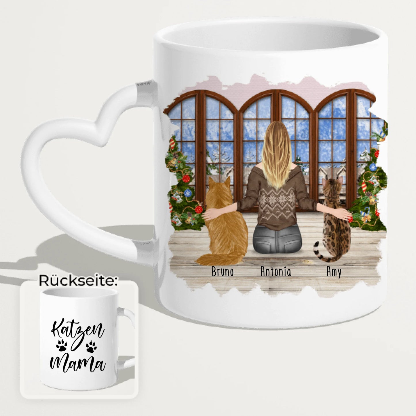 Personalisierte Tasse mit Katze und Frau (2 Katzen + 1 Frau) - Weihnachtstasse