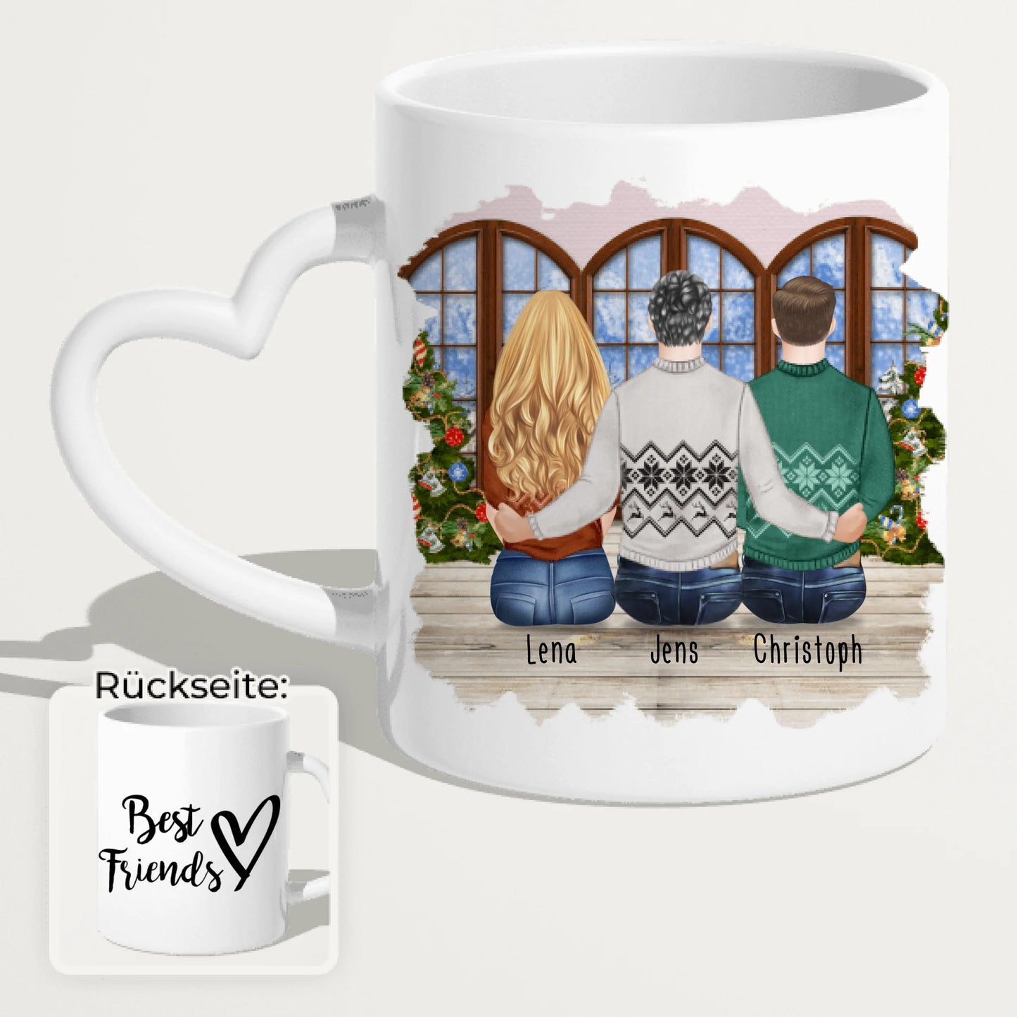 Personalisierte Tasse - Beste Freunde (1 Frau + 2 Männer) - Weihnachtstasse