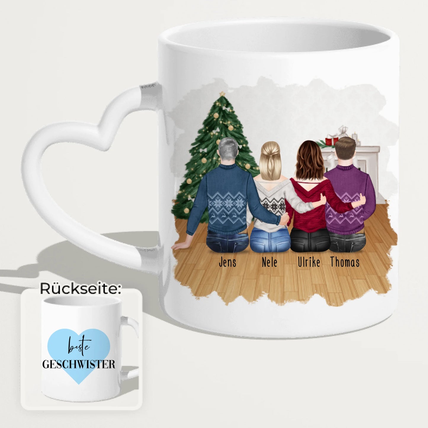 Personalisierte Tasse mit Bruder/Schwester (2 Schwestern + 2 Brüder) - Weihnachtstasse