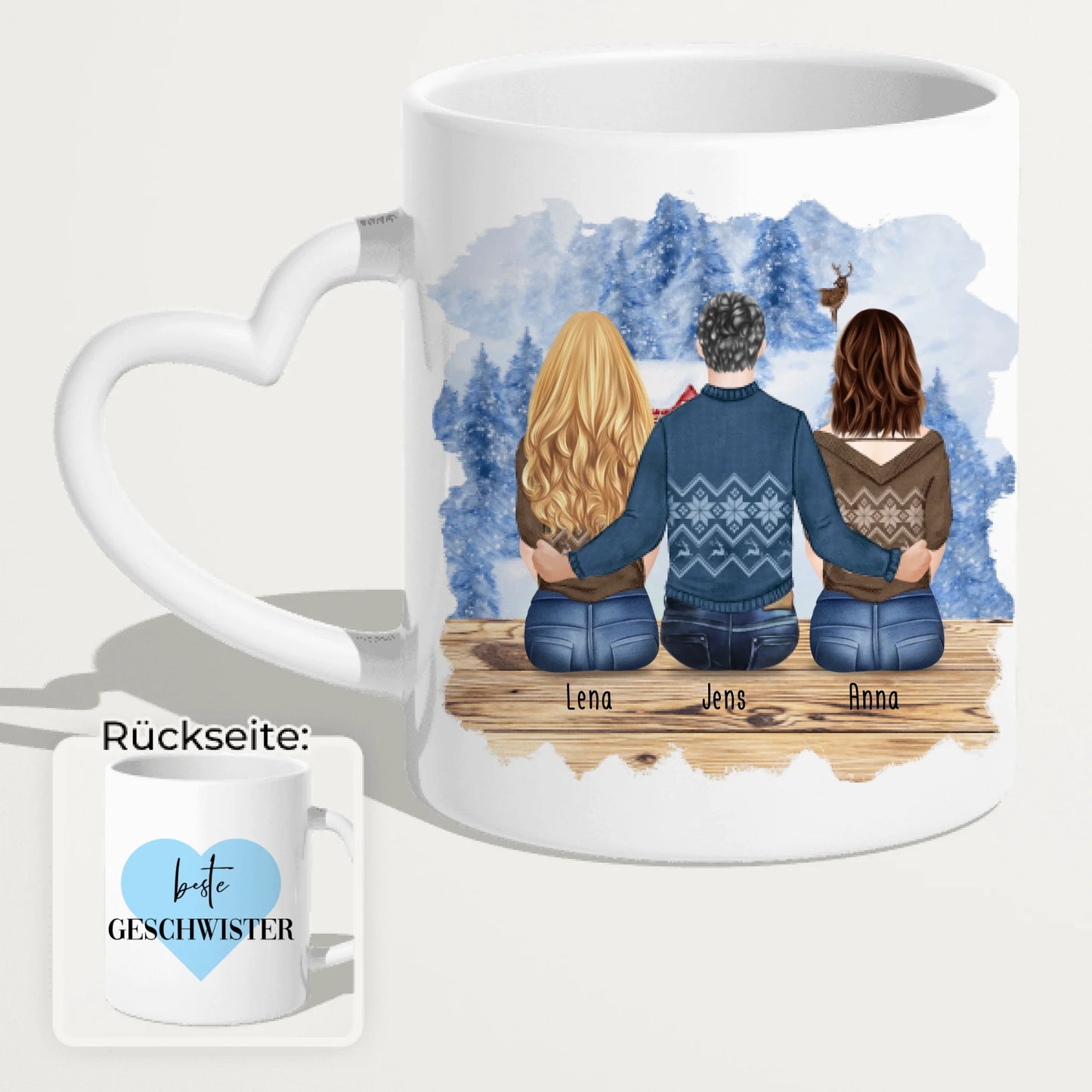 Personalisierte Tasse mit Bruder/Schwester (2 Schwester + 1 Bruder) - Weihnachtstasse