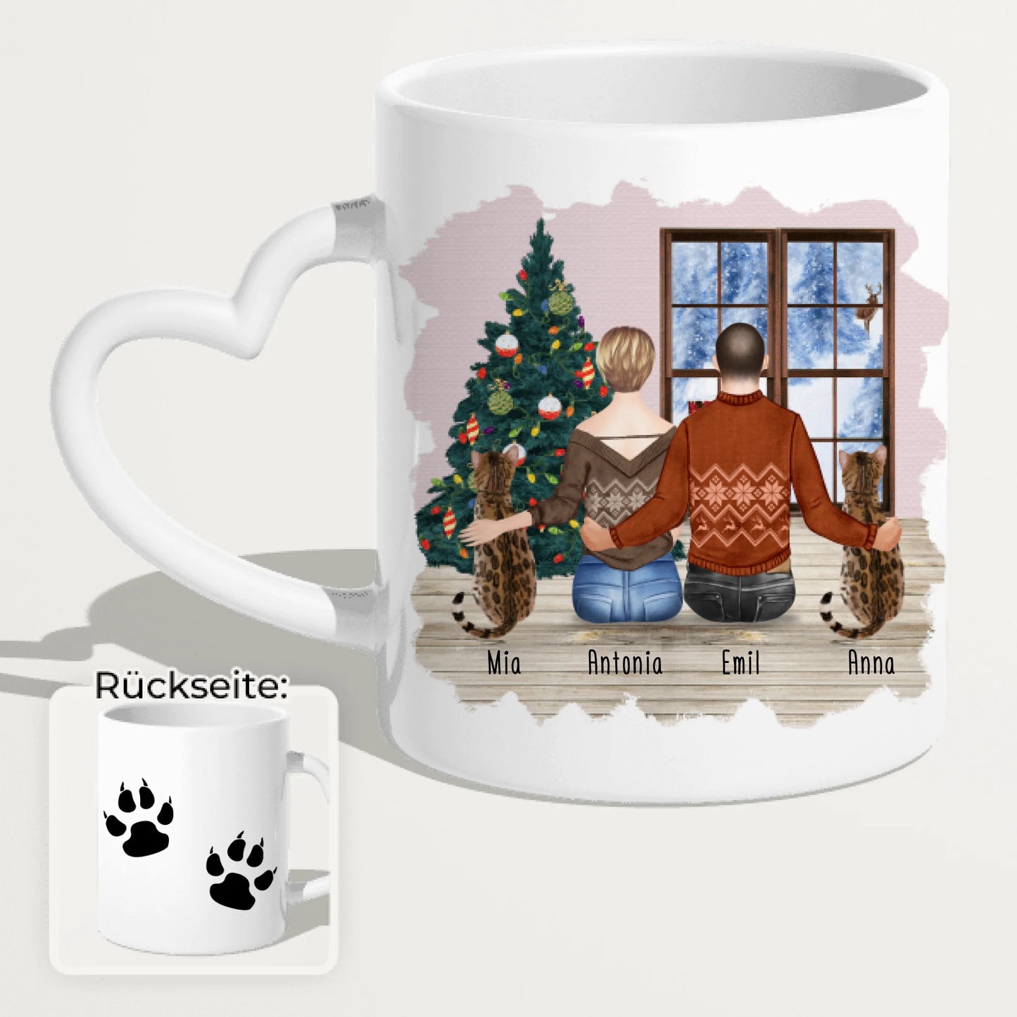 Personalisierte Tasse mit Pärchen und 2 Katzen - Weihnachtstasse