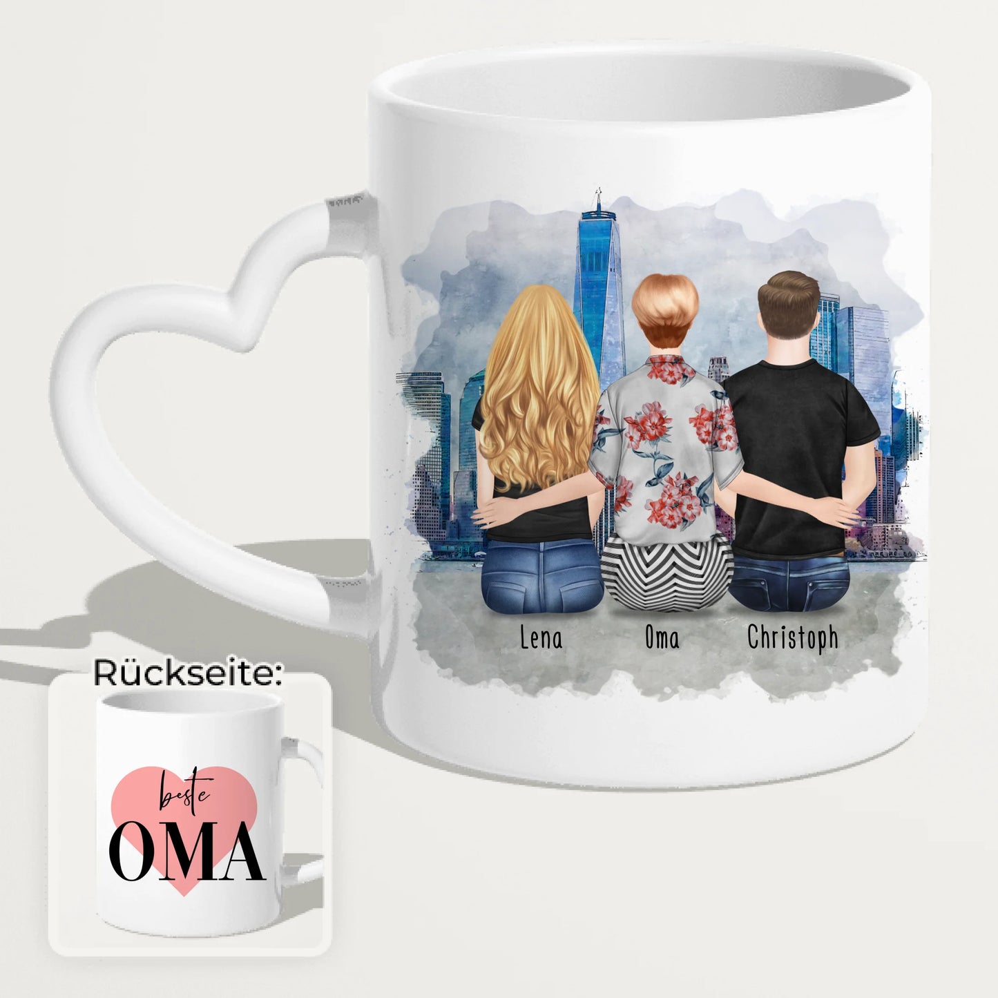 Personalisierte Tasse für Oma (1 Frau + 1 Mann + 1 Oma)