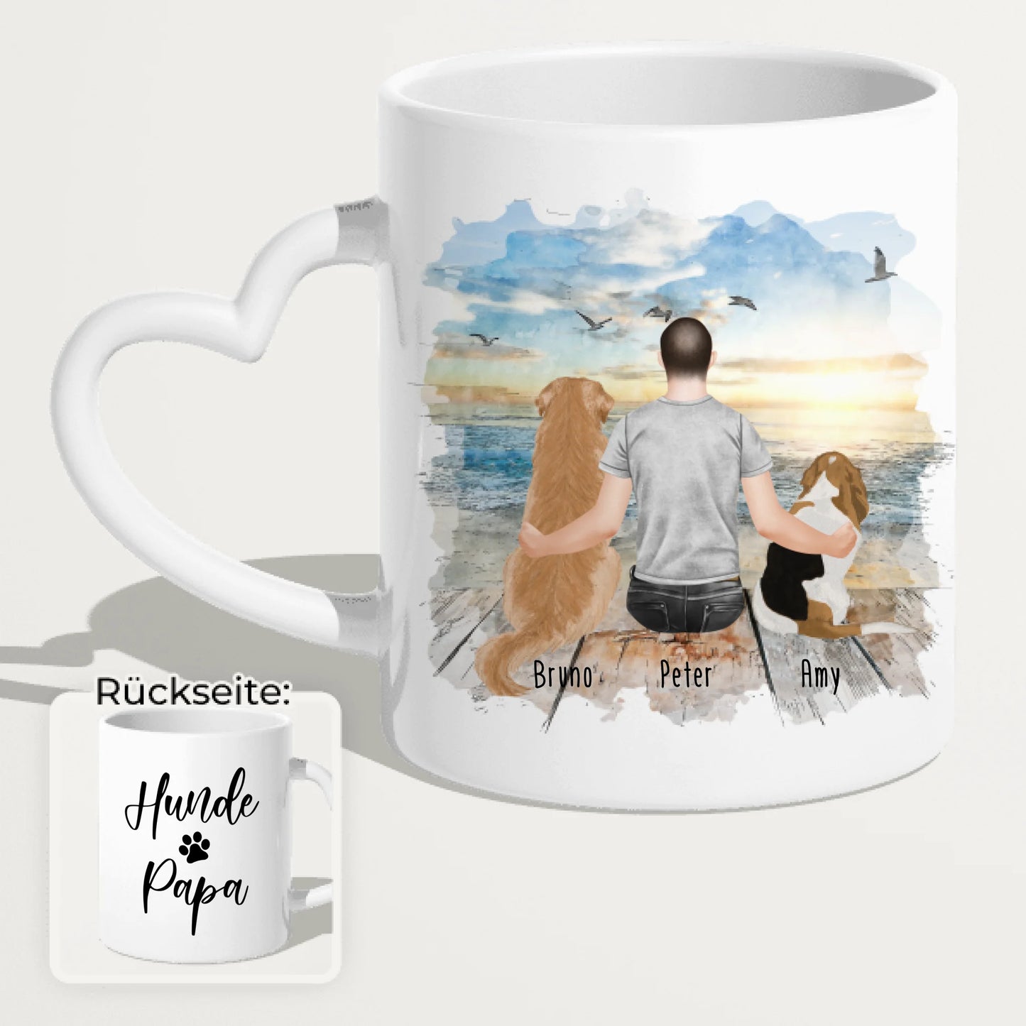 Personalisierte Tasse mit Hund und Mann (2 Hunde + 1 Mann)