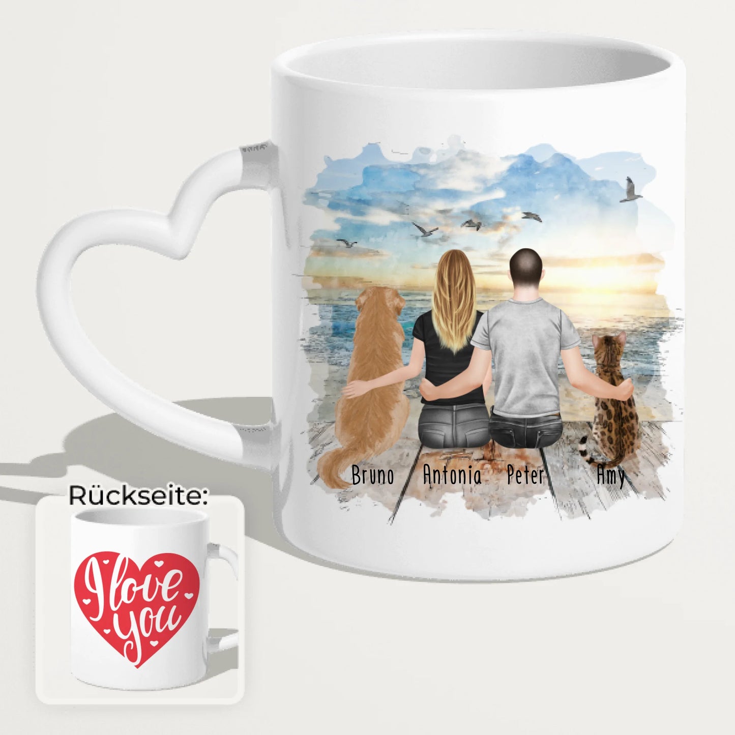 Personalisierte Tasse mit Pärchen und 1 Hund und 1 Katze