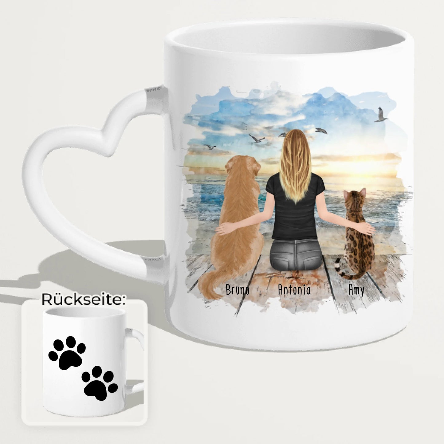 Personalisierte Tasse mit Hund/Katze/Frau (1 Hunde + 1 Katze + 1 Frau)