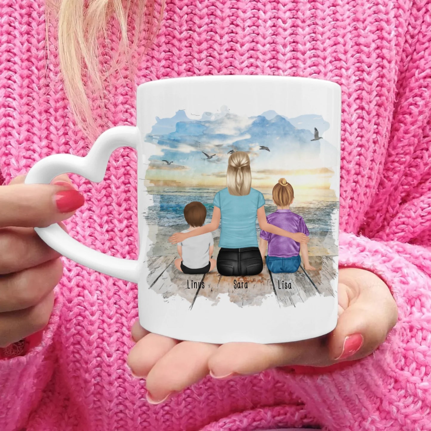 Personalisierte Tasse mit Tante (1 Baby + 1 Kind + 1 Tante)