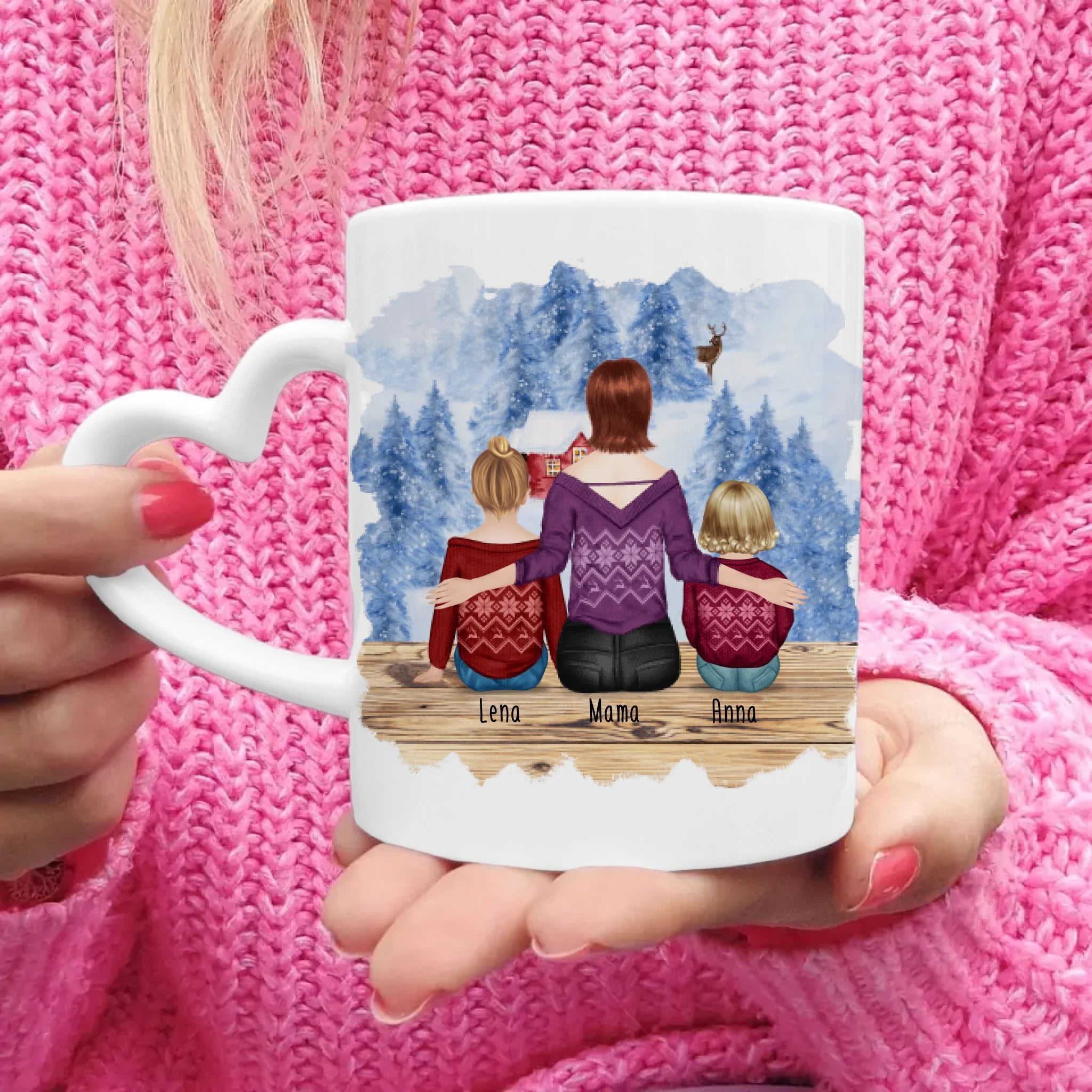 Personalisierte Tasse mit Mutter, Baby und Kind (1 Baby + 1 Kind + 1 Mutter) - Weihnachtstasse