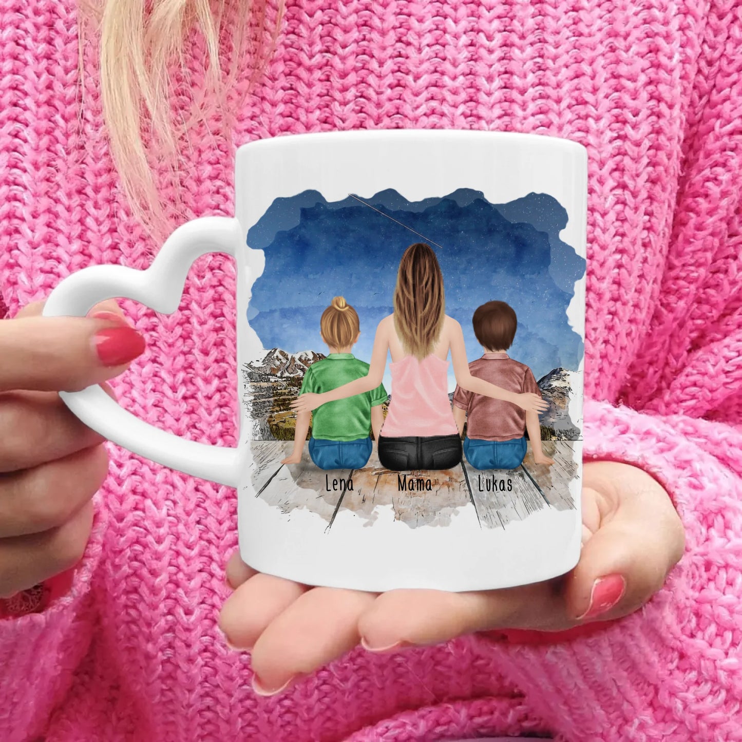 Personalisierte Tasse mit Mutter und Kindern (2 Kinder + 1 Mutter)