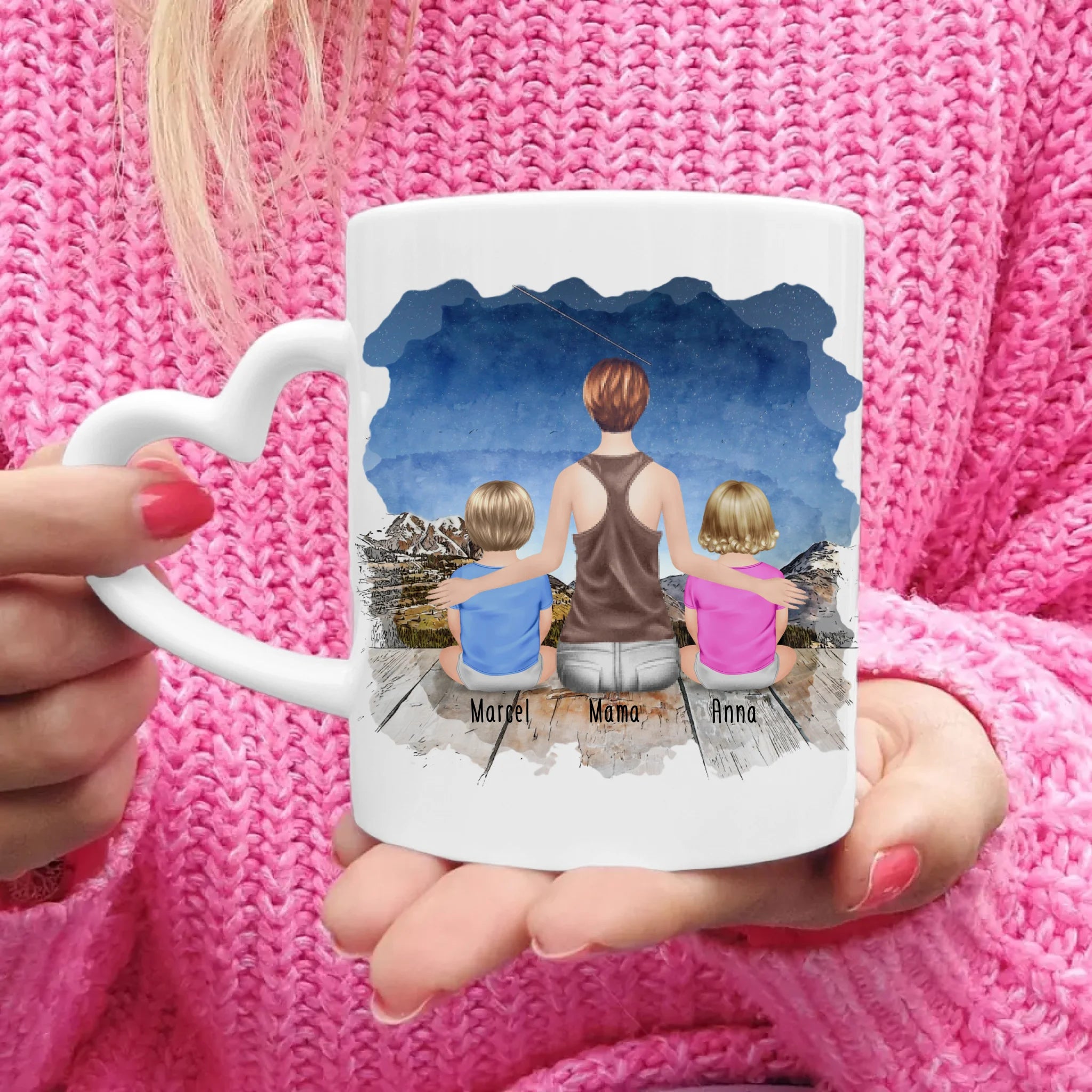 Personalisierte Tasse mit Mutter und Babys (2 Babys + 1 Mutter)