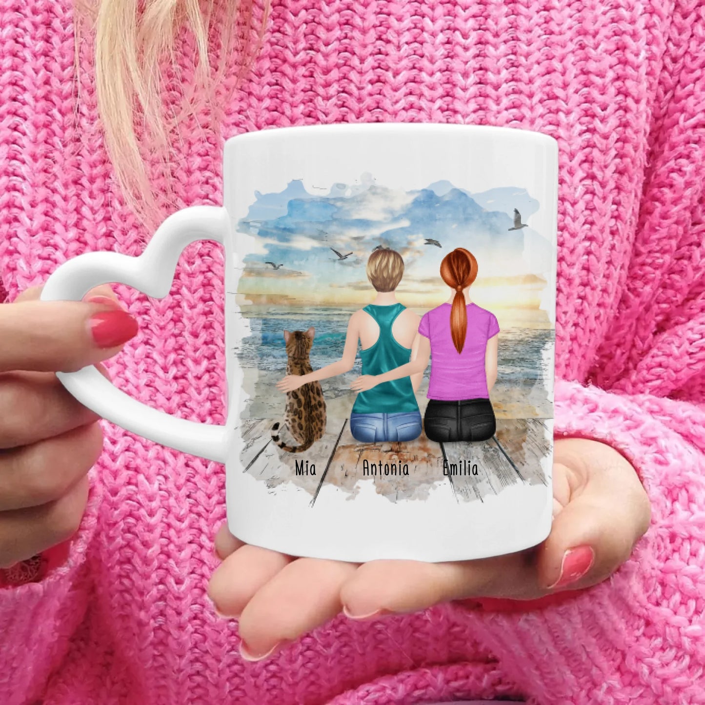 Personalisierte Tasse mit Katze und Frauen (1 Katze + 2 Frauen)