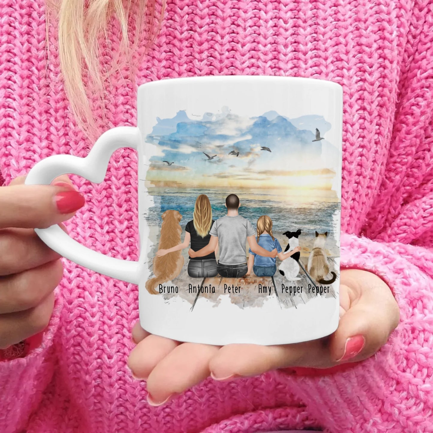 Personalisierte Tasse mit Familie + 2 Hunde + 1 Katze (1 Kind)