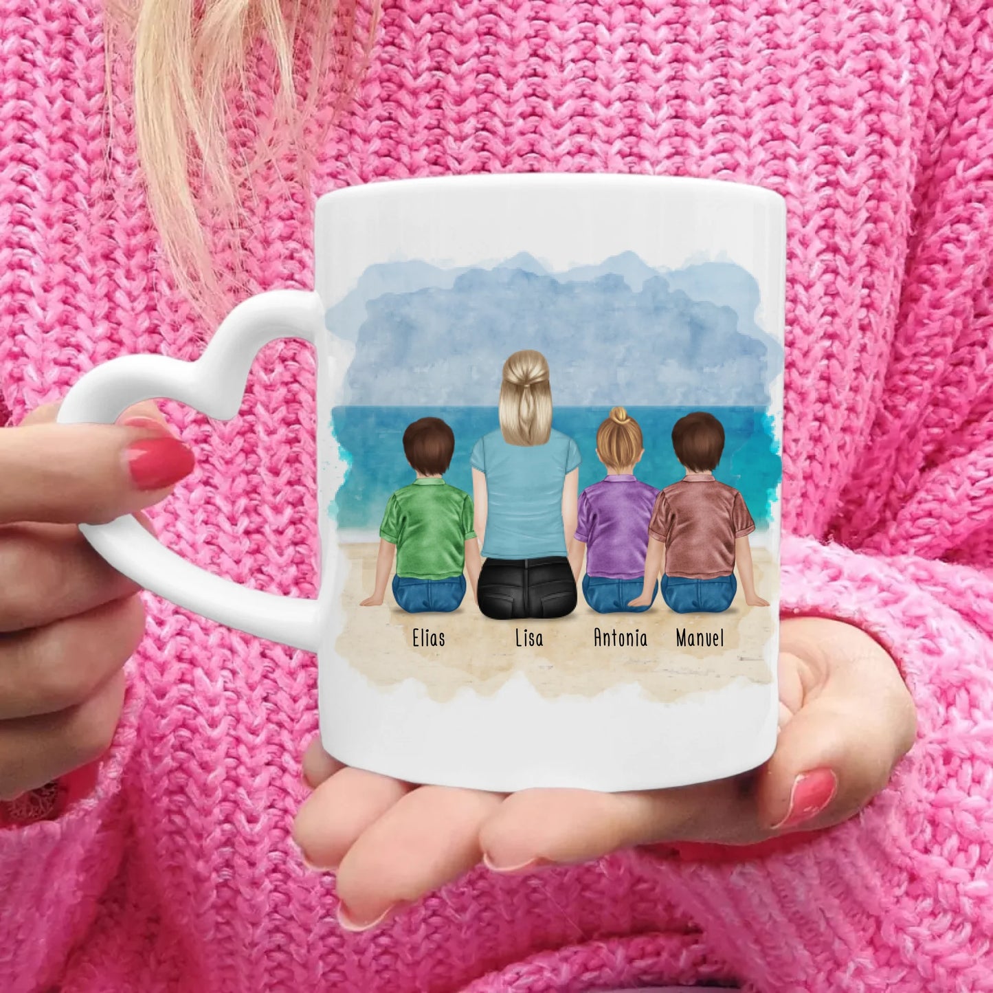 Personalisierte Tasse mit Mutter + 3 Kinder