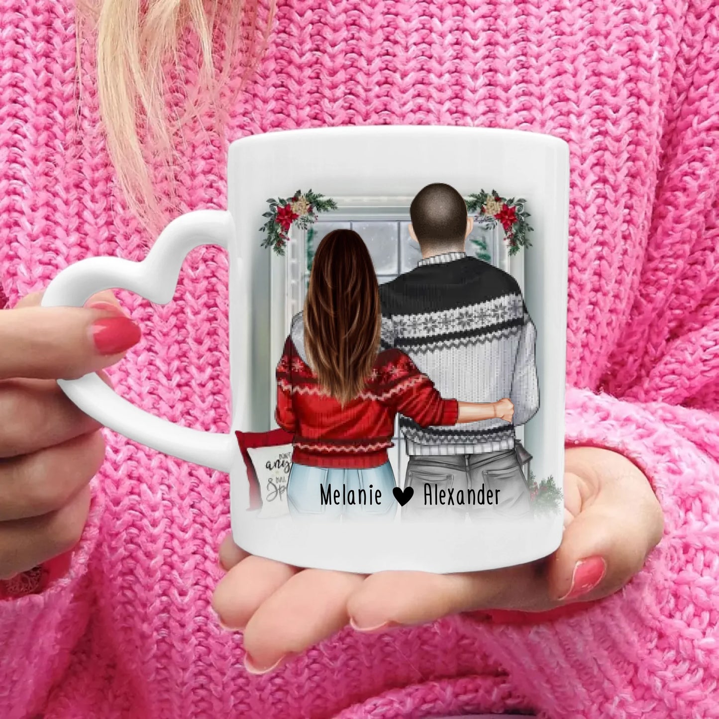 Personalisierte Tasse mit Paar in Weihnachtspullovern (stehend) - Pärchen Tasse - Weihnachtstasse