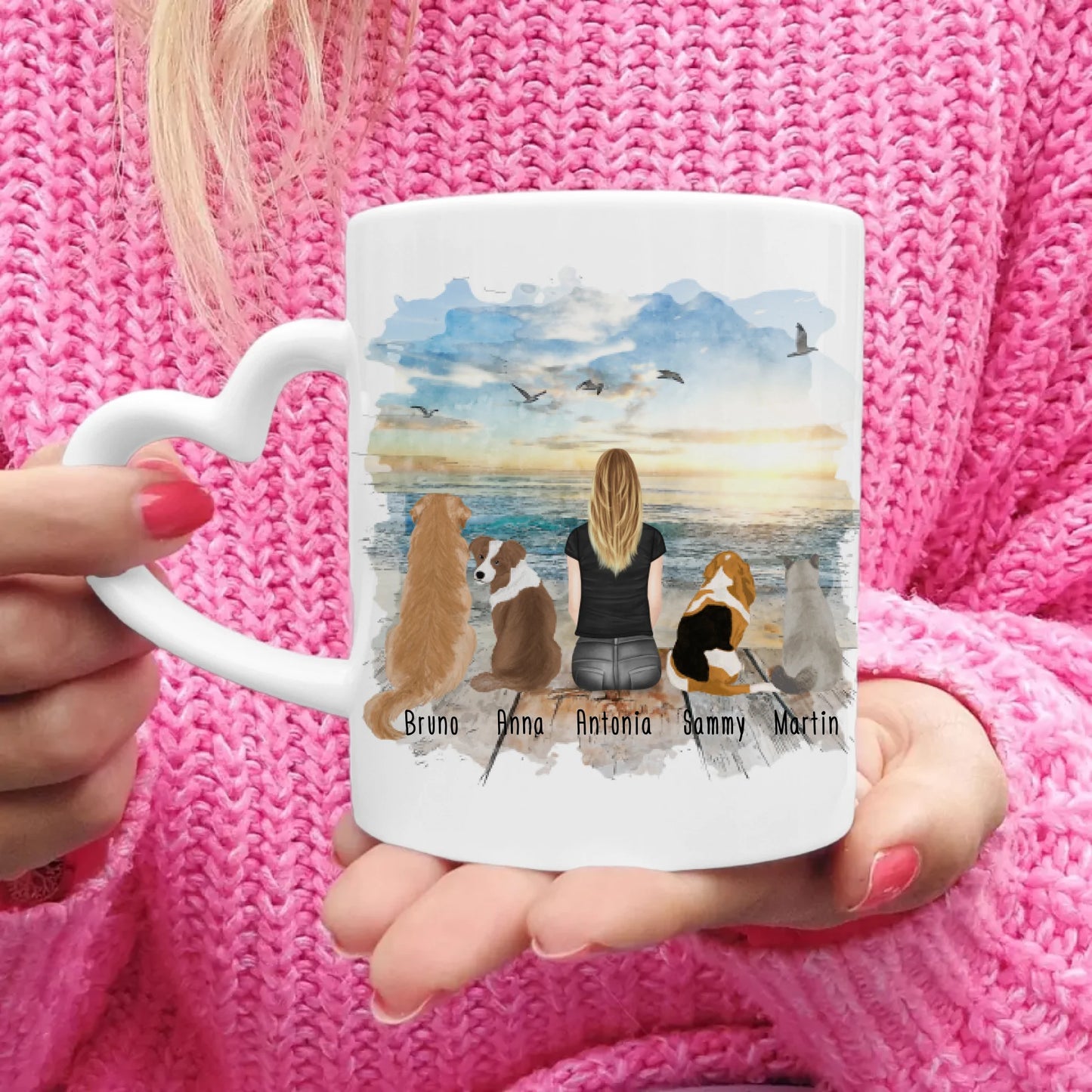 Personalisierte Tasse - 1 Frau/Mann + 1-5 Hunde/Katzen