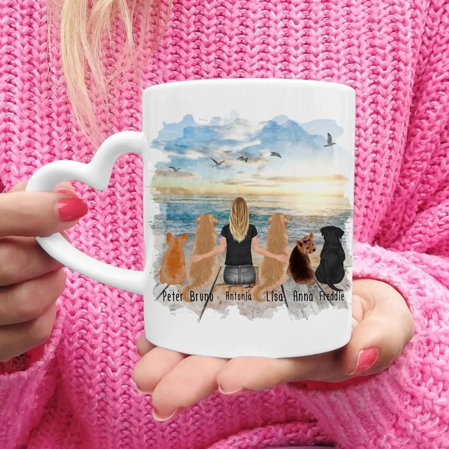 Personalisierte Tasse 1 Frau + 5 Hunde