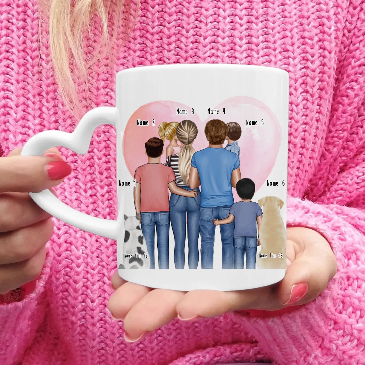 Personalisierte Tasse - Familie + 1-4 Kinder + 1-2 Hunde/Katzen