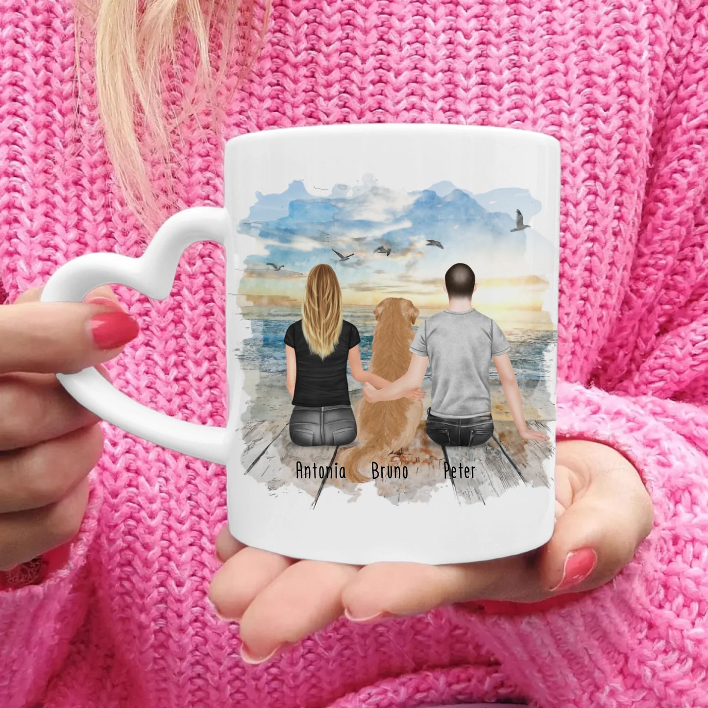 Personalisierte Tasse mit Pärchen und 1 Hund (Hund in der Mitte)