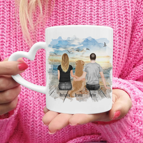Personalisierte Tasse mit Pärchen und 1 Hund (Hund in der Mitte)