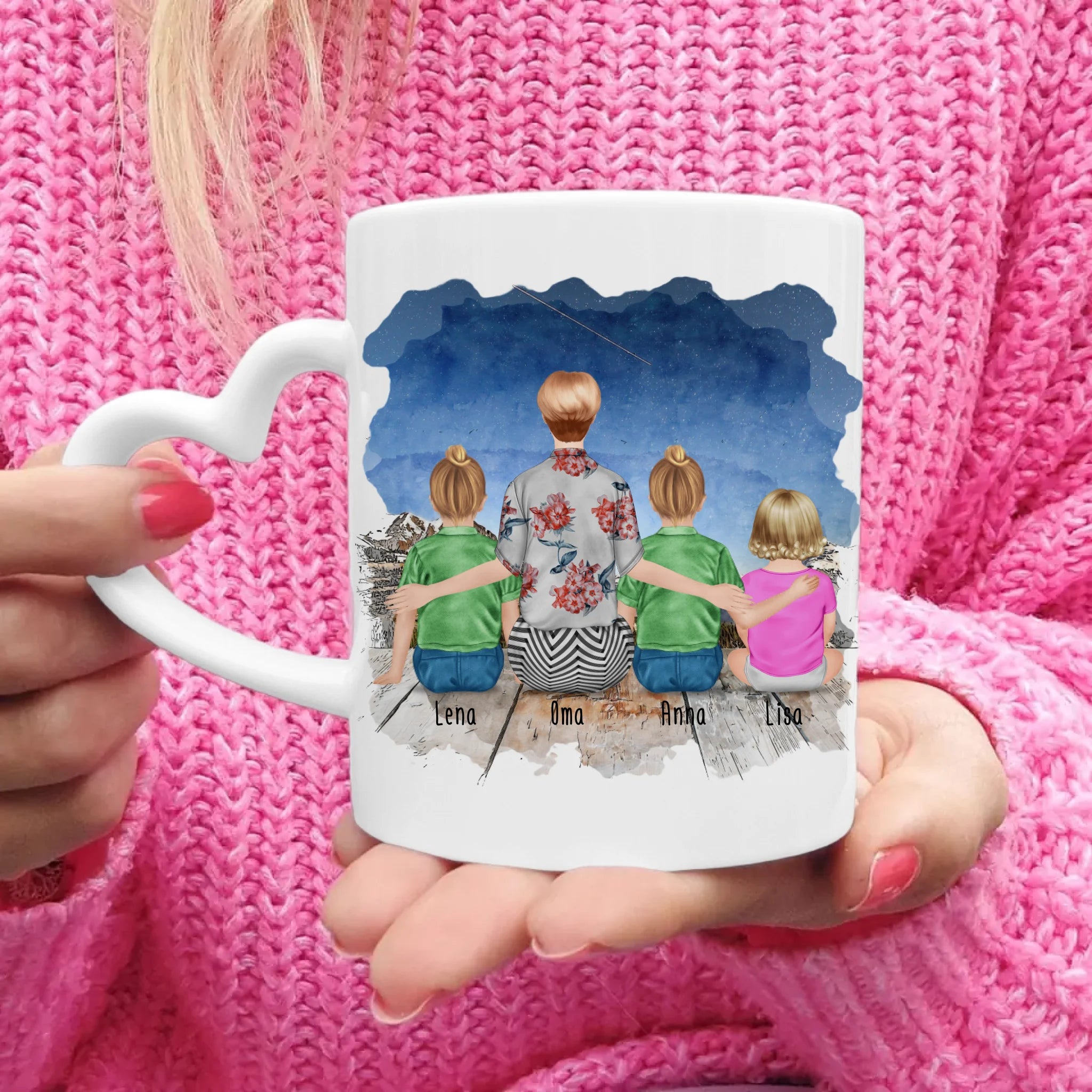 Personalisierte Tasse für Oma (2 Kinder + 1 Baby + 1 Oma)