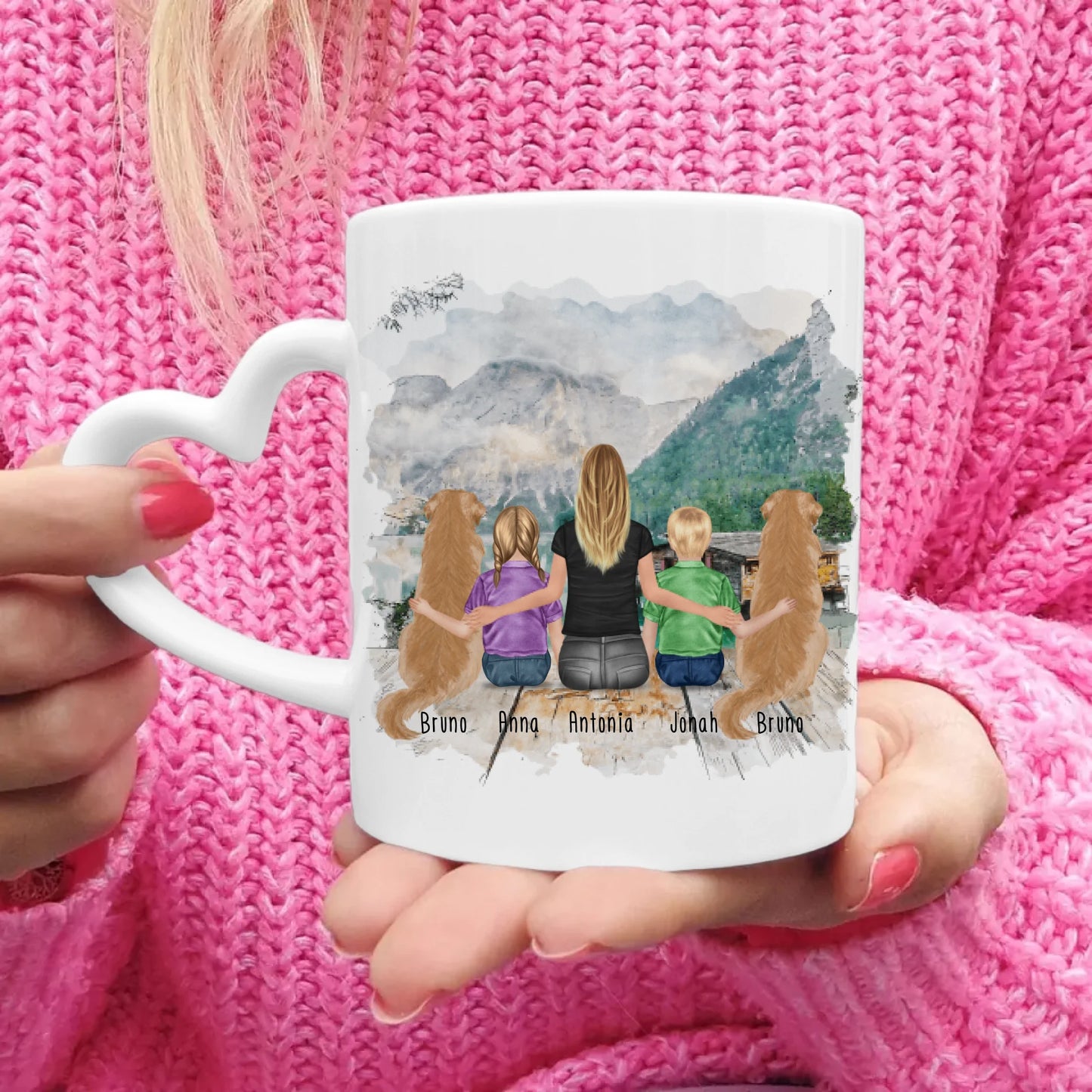 Personalisierte Tasse mit 1 Frau + 2 Kindern + 2 Hunden