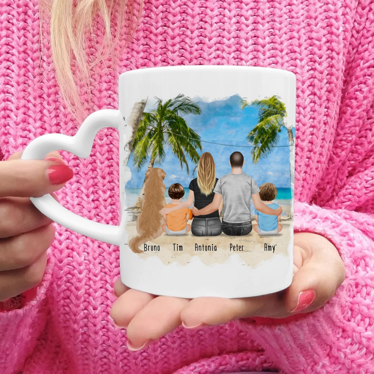 Personalisierte Tasse mit Familie + 1 Hund (2 Babys)