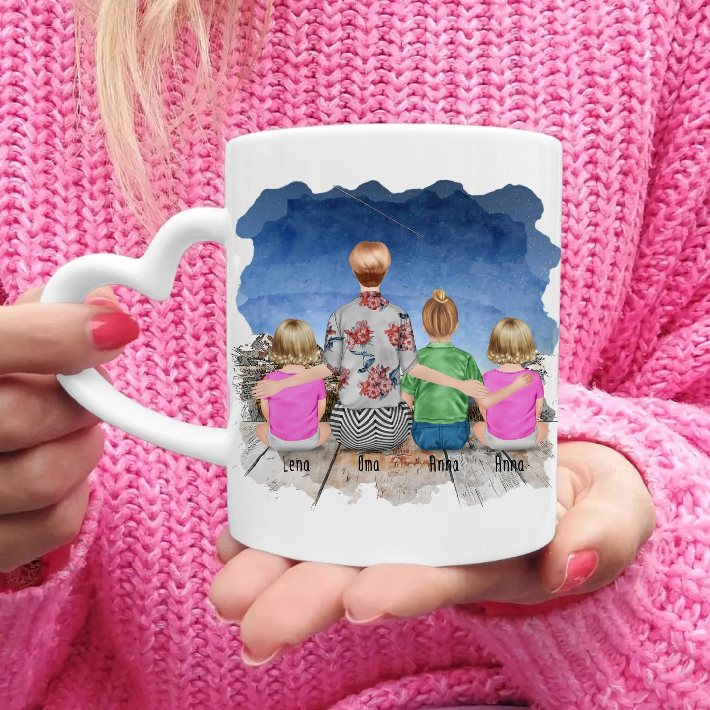 Personalisierte Tasse für Oma (2 Babys + 1 Kind + 1 Oma)