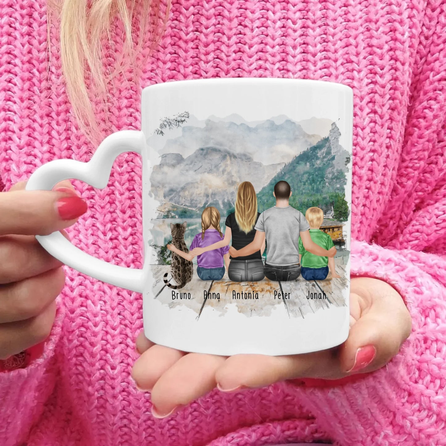 Personalisierte Tasse mit Familie + 1 Katze (2 Kinder)