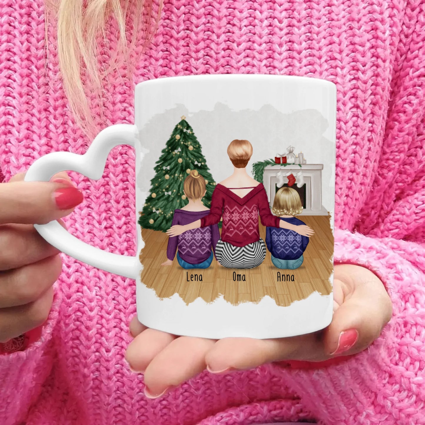 Personalisierte Tasse für Oma (1 Baby + 1 Kind + 1 Oma) - Weihnachtstasse