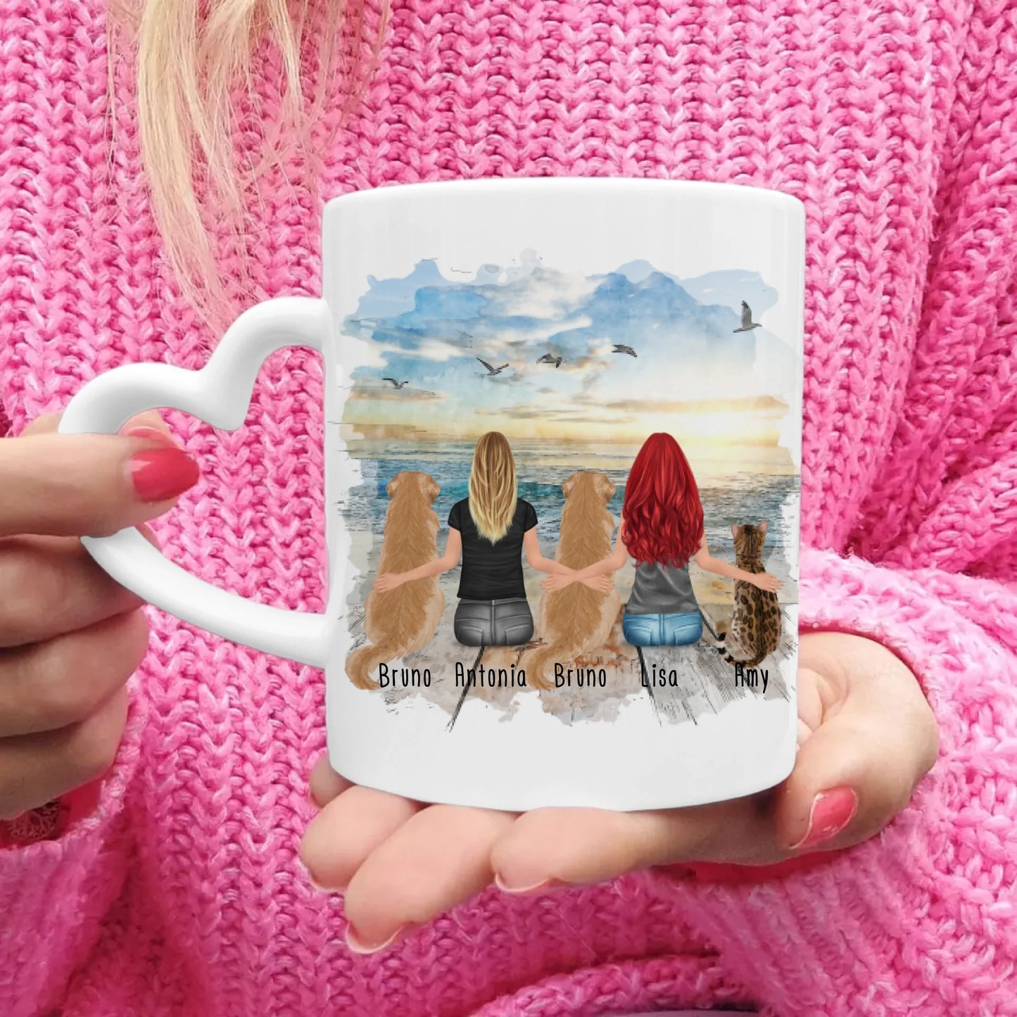 Personalisierte Tasse 2 Frauen + 2 Hunde + 1 Katze