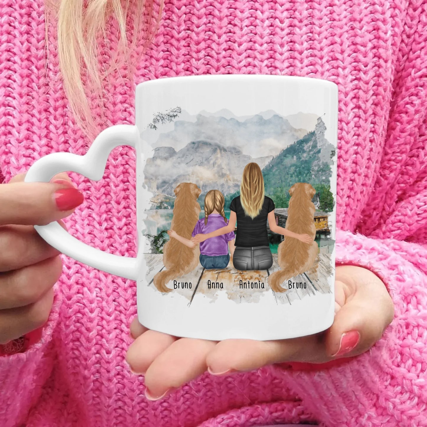 Personalisierte Tasse 1 Frau + 1 Kind + 2 Hunde