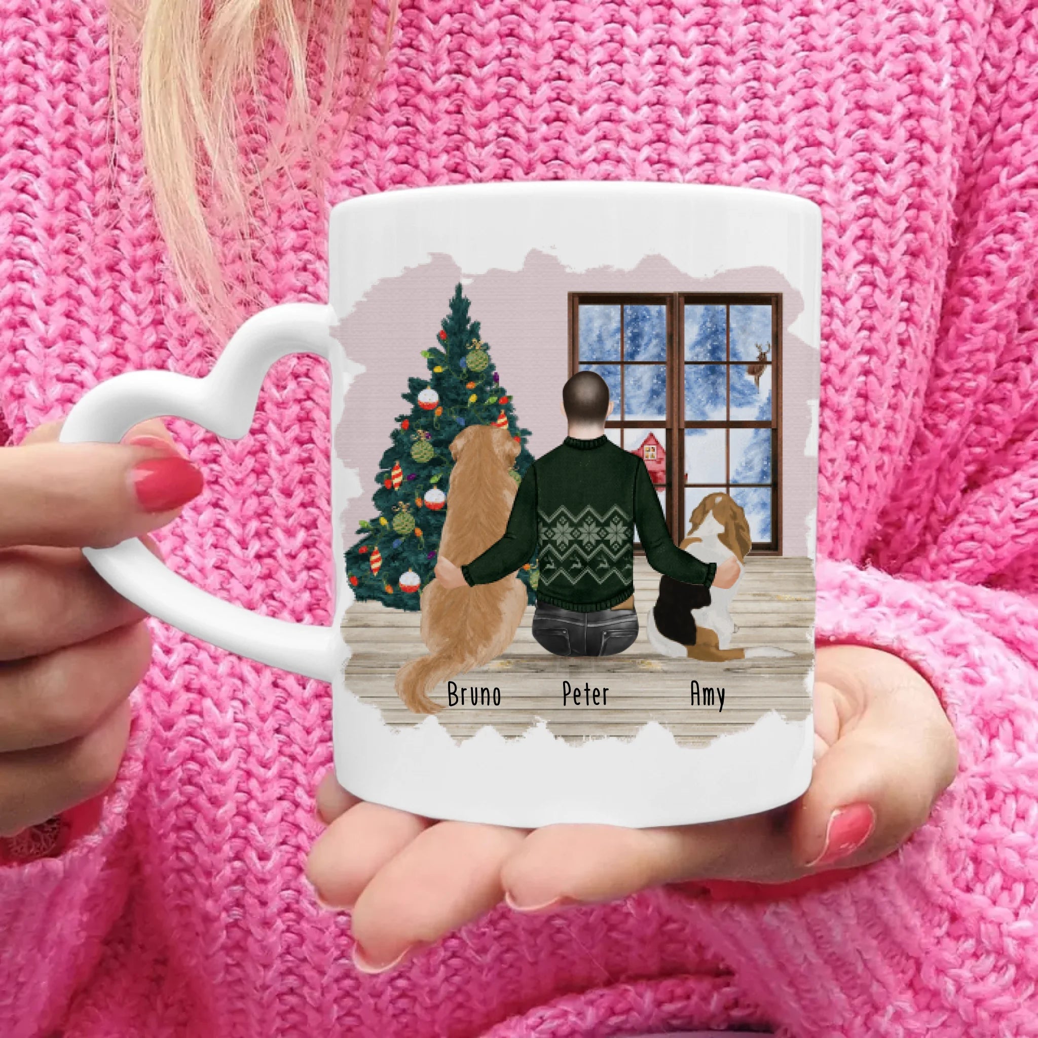 Personalisierte Tasse mit Hund und Mann (2 Hunde + 1 Mann) - Weihnachtstasse