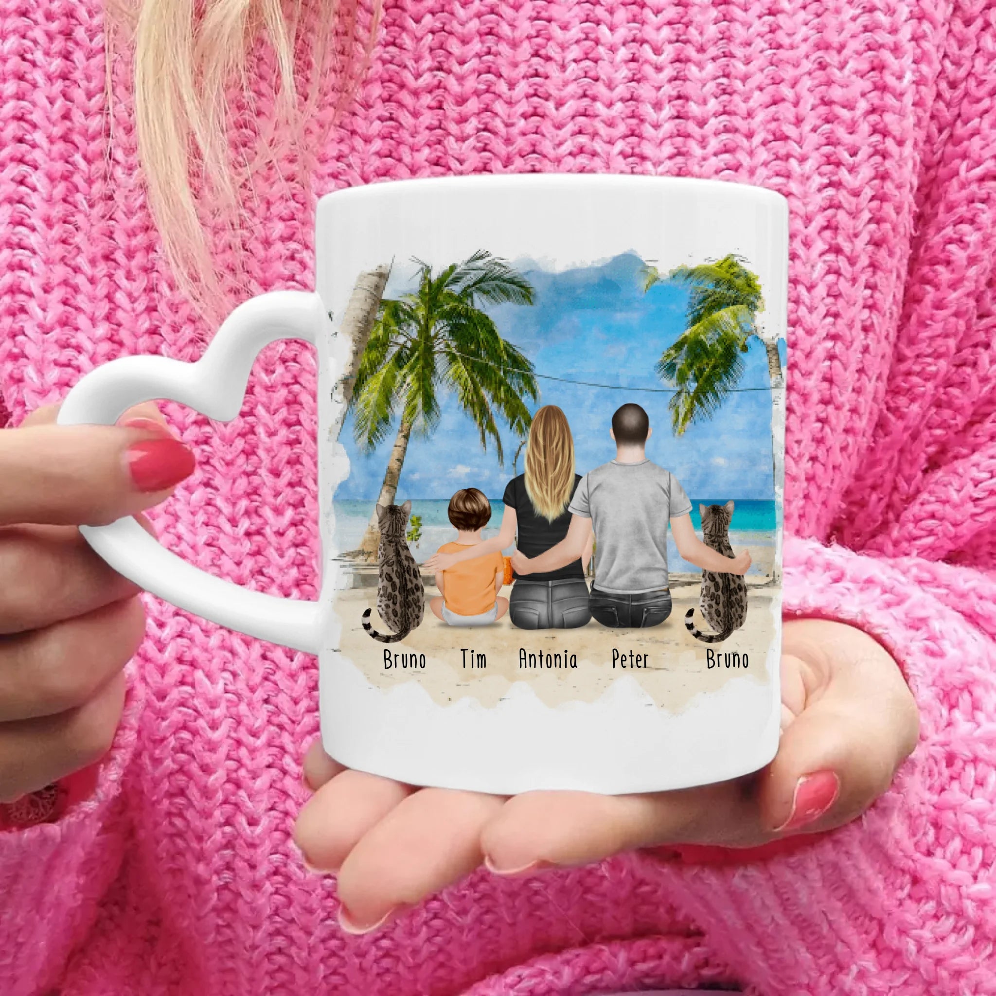 Personalisierte Tasse mit Familie + 2 Katzen (1 Baby)