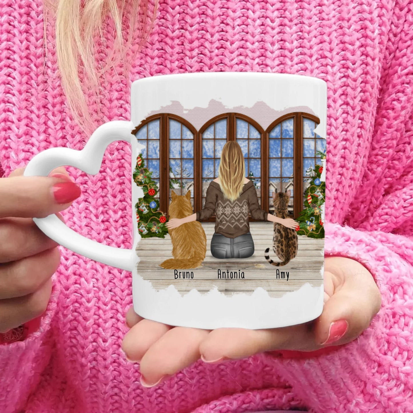 Personalisierte Tasse mit Katze und Frau (2 Katzen + 1 Frau) - Weihnachtstasse