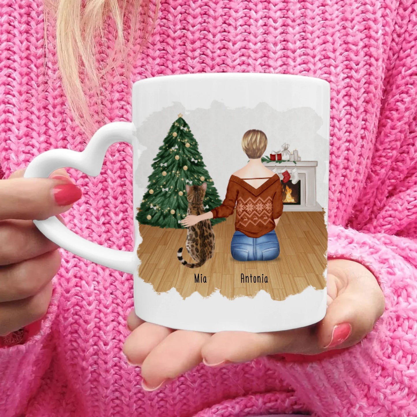 Personalisierte Tasse mit Katze und Frau (1 Katze + 1 Frau) - Weihnachtstasse